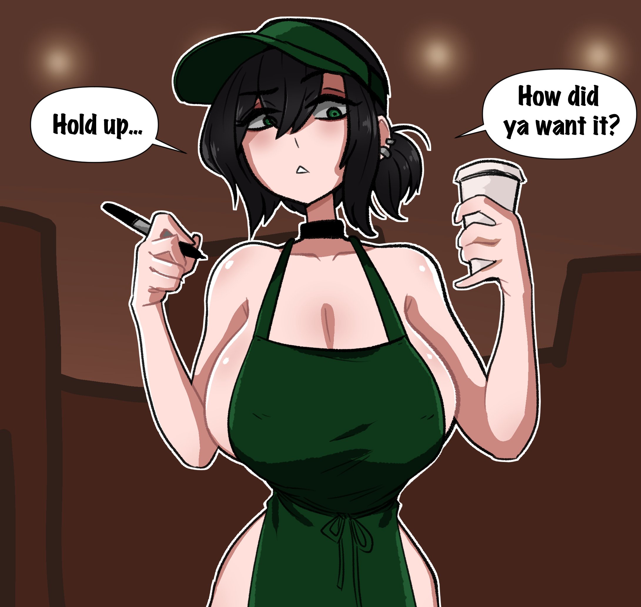 apron, artist request, big breasts, breasts, busty, cleavage, coffee, coffee cup, female, female focus, female only, hourglass figure, iced latte with breast milk, meme, sideboob, solo, standing, tagme, waitress, waitress uniform, wide hips