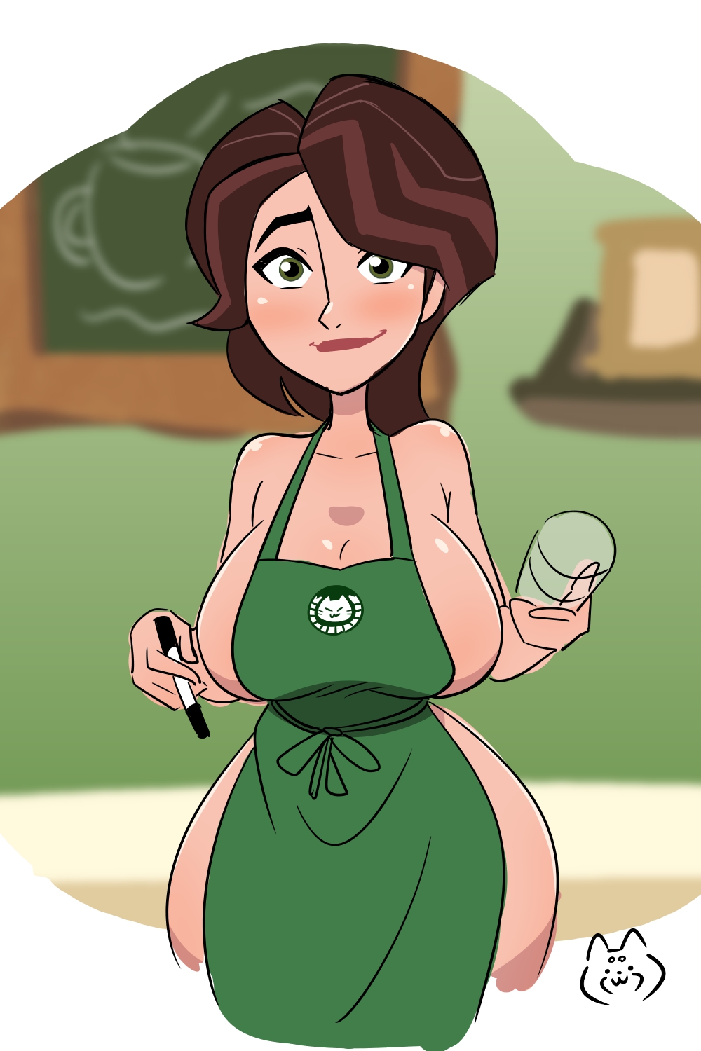 1girls, apron, apron only, barista, big hero 6, big hero 6: the series, breasts, brown hair, cass hamada, coffee, disney, disney channel, disney xd, female, female only, green eyes, iced latte with breast milk, large breasts, light skin, light-skinned female, looking at viewer, marvel, marvel comics, meme, naked, naked apron, saro, short hair, smile, smiling, smiling at viewer, solo, thick thighs, wide hips
