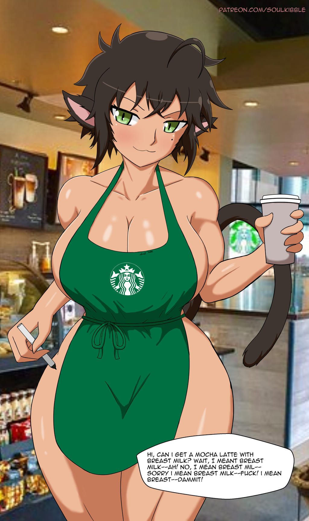 big_breasts black_hair dark_skin green_eyes iced_latte_with_breast_milk meme muscular_female naked_apron oc soulkibble starbucks tomboy