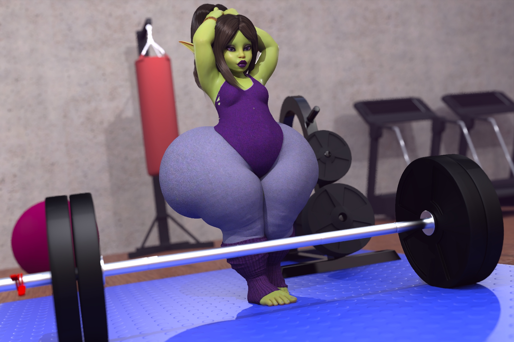 3d, ass, clothed, evolluisionist, fat thighs, female, goblin, goblin female, huge ass, huge tail, hyper ass, hyper bimbo, lifted, massive ass, massive butt, mivvi, shortstack, thick legs, thick lips, training
