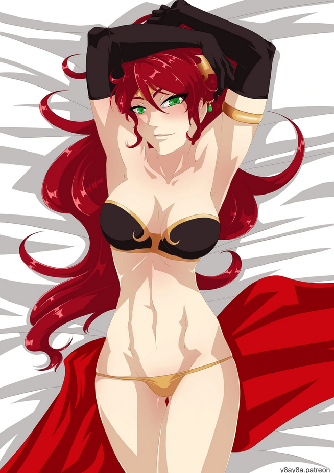 abs armlet bedroom_eyes blush bra circlet elbow_gloves green_eyes long_hair looking_at_viewer on_back on_bed panties pyrrha_nikos red_hair rwby seductive seductive_eyes seductive_gaze seductive_look seductive_smile shiny_hair shiny_skin smile toned toned_female y8ay8a yaya_(y8ay8a)