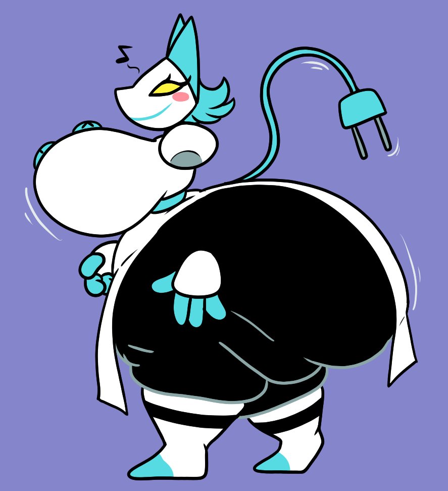 ass, big breasts, bottom heavy, breasts, deltarune, fat, fawxen, female, hyper, hyper ass, hyper breasts, motion lines, musical note, tasque manager (deltarune), thick thighs, video games