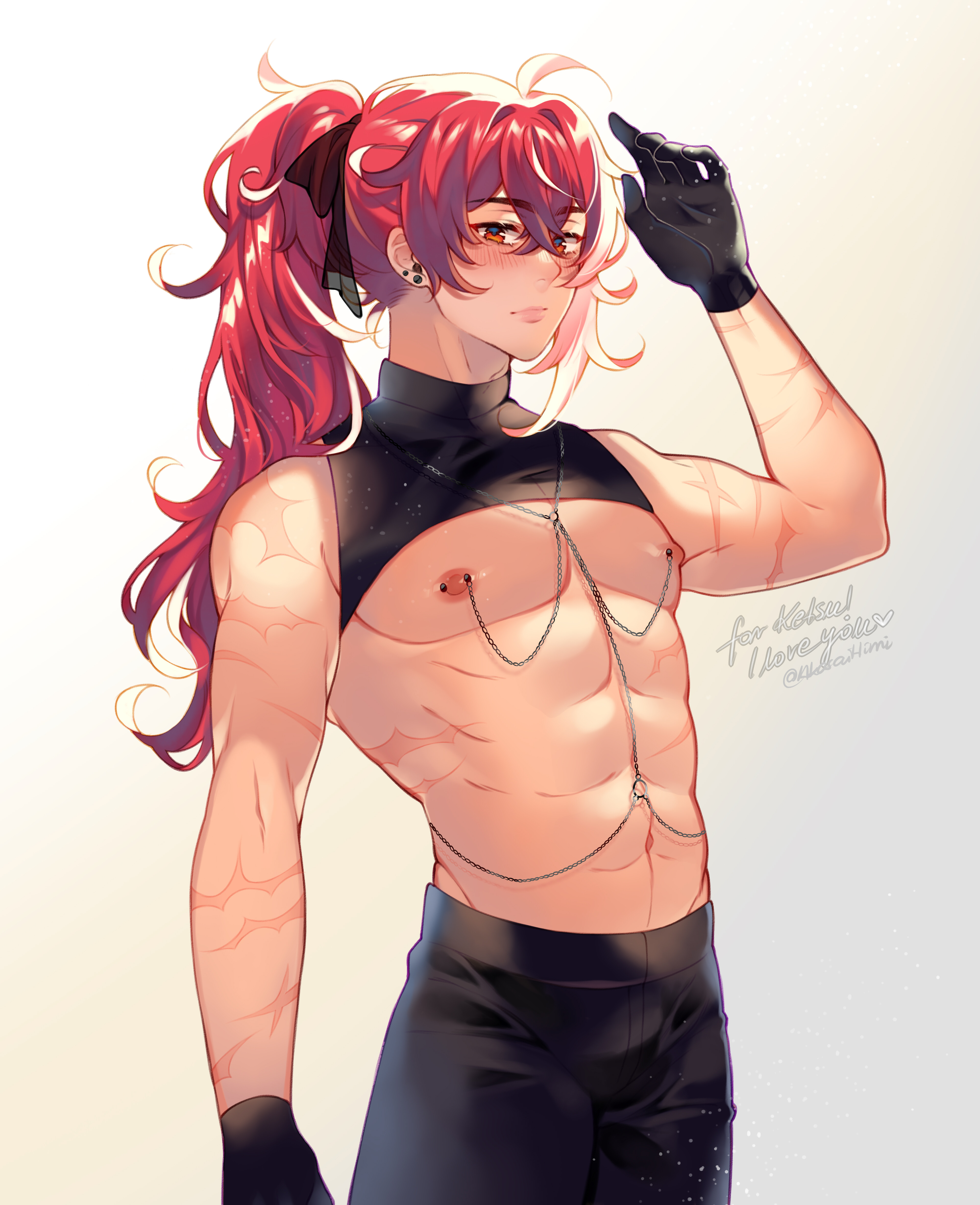 1boy, abs, akacchi, aki lewdss, blush, chain, diluc (genshin impact), genshin impact, male, male only, muscles, muscular, muscular male, nipple piercing, nipples, partially clothed, piercing, red eyes, red hair, scar, scars, solo male