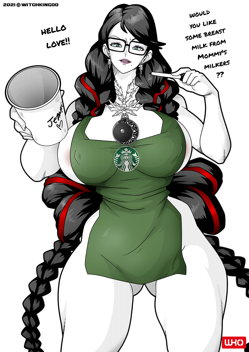 2021, apron, bayonetta, bayonetta (character), bayonetta 3, big breasts, breasts, busty, cleavage, female, female focus, female only, hourglass figure, iced latte with breast milk, meme, mommy kink, solo, standing, tagme, waitress, waitress uniform, white background, wide hips, witchking00