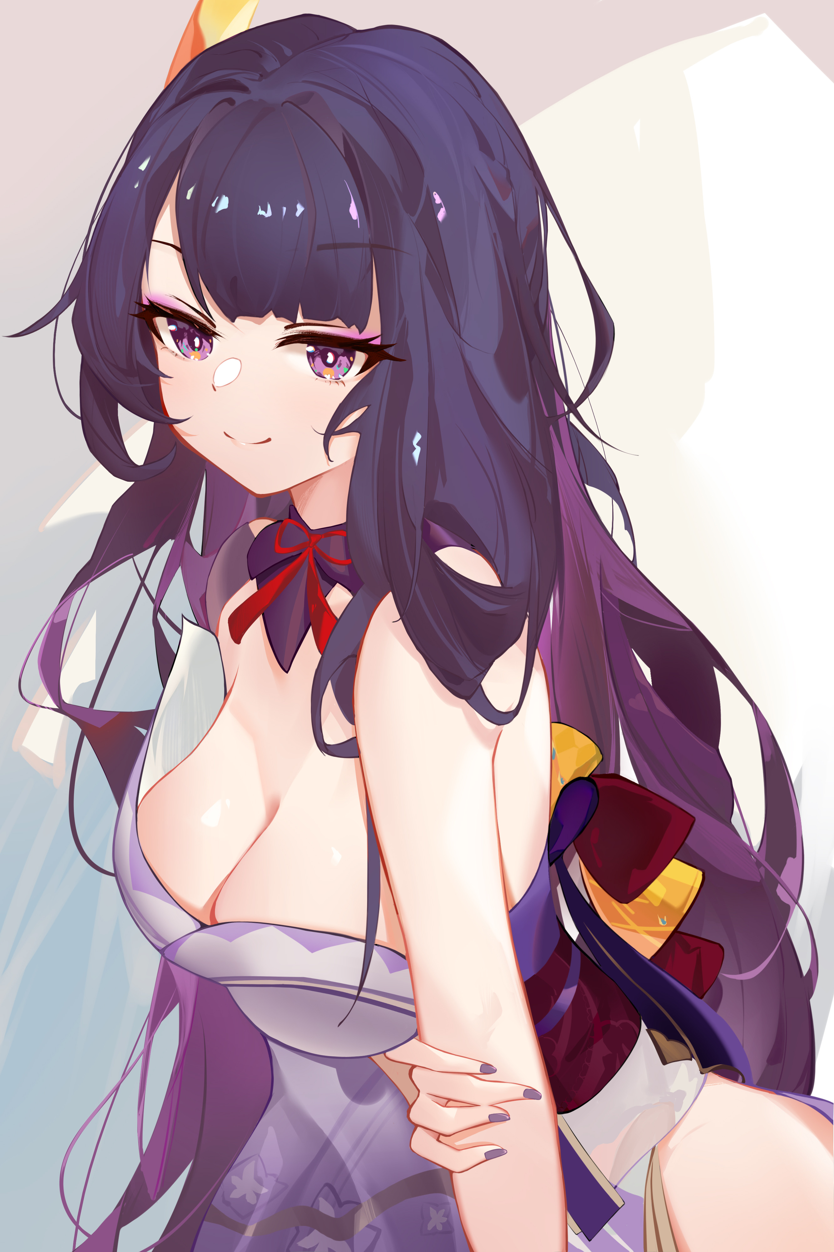 1girls, breasts, brown, female, genshin impact, great sama, japanese clothes, kimono, large breasts, painted nails, purple eyes, purple hair, raiden shogun, thighs