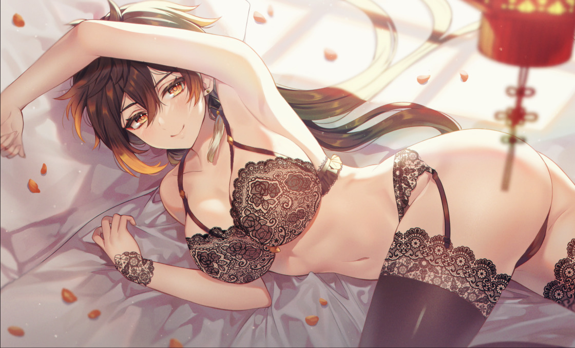 big breasts, blush, bra, breasts, brown hair, female, genderswap, genderswap (mtf), genshin impact, lace, laying down, laying on bed, lingerie, panties, ritsu (re710pngn), rule 63, thick thighs, thighs, yellow eyes, zhongli (genshin impact), zhongli jiejie
