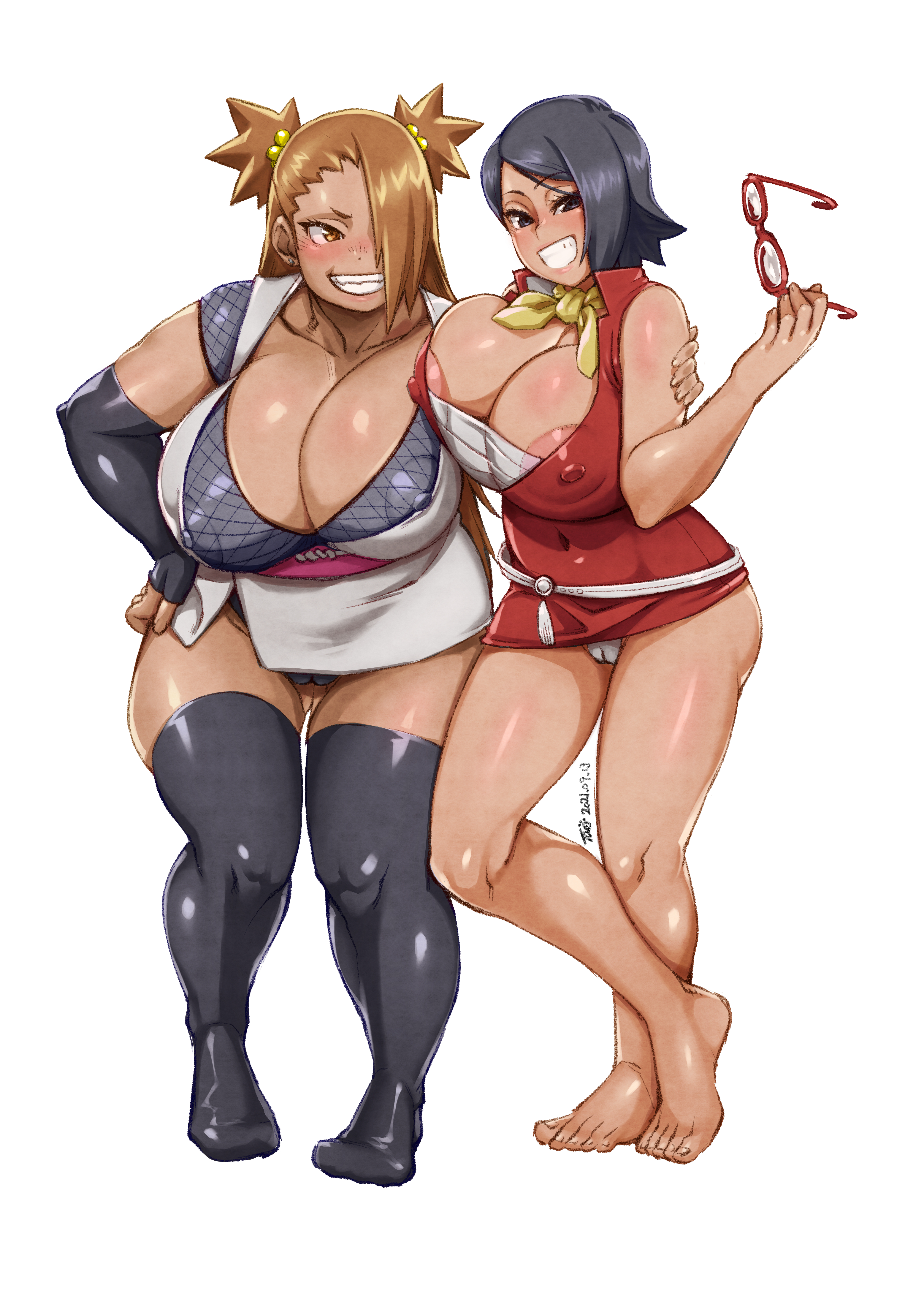 2girls, absurd res, akimichi chouchou, areola slip, areolae, ass, ass from the front, bbw, big areola, big breasts, big nipples, black hair, boruto: naruto next generations, breasts, bubble ass, cameltoe, chubby, chubby female, erect nipples, erect nipples under clothes, eye contact, female, female only, glasses, gloves, high resolution, huge areolae, huge breasts, huge nipples, konakona, large breasts, looking at viewer, naruto, naruto (series), nipple bulge, nipple outline, nipple slip, nipples, no bra, panties, pussy, sarada uchiha, see-through, see-through clothing, short hair, shounen jump, thick thighs, thighhighs, thighs, venus body, wide hips