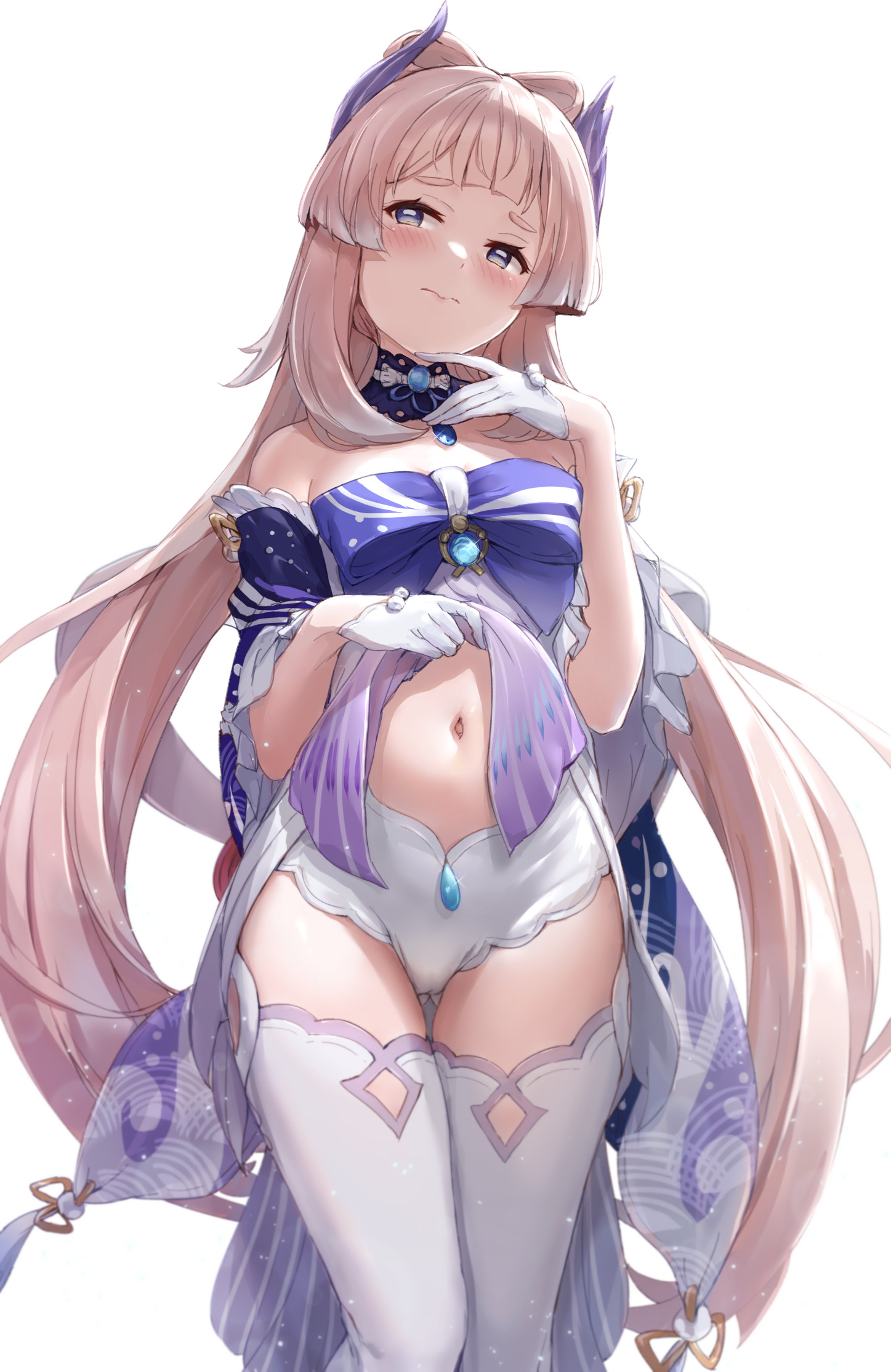 1girls, akitahika44, blush, breasts, cameltoe, female, genshin impact, japanese clothes, pink hair, purple eyes, purple hair, pussy, sangonomiya kokomi, thick thighs, thighhighs, thighs