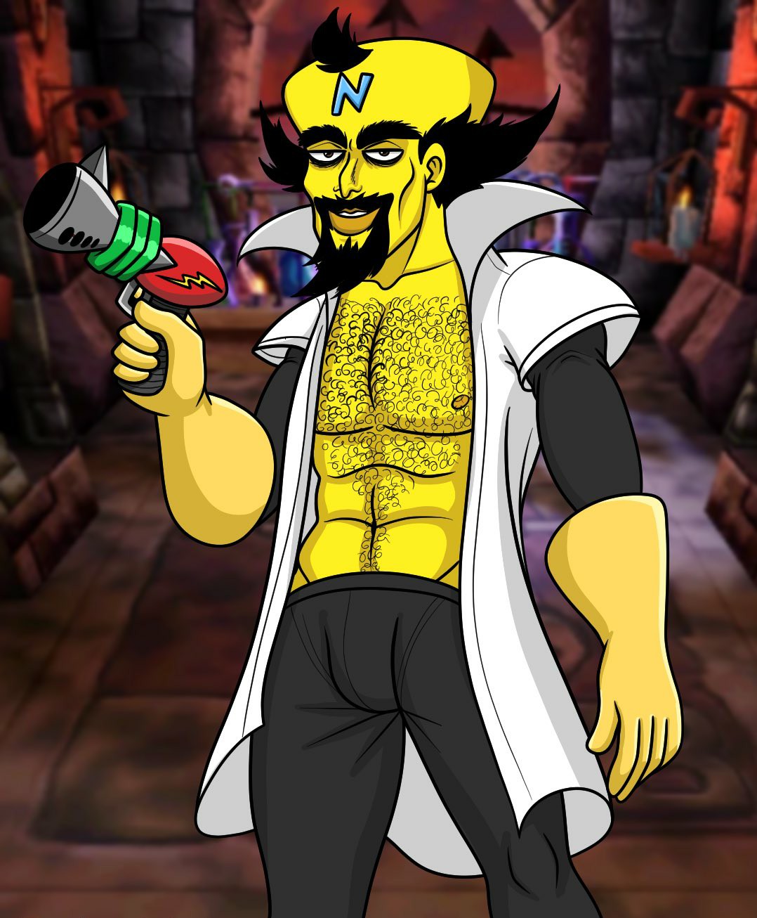 1boy abs black_hair bulge chest_hair crash_(series) doctor_neo_cortex male male_only neo_cortex shirtless shirtless_(male) solo_male suggestive tight_clothing