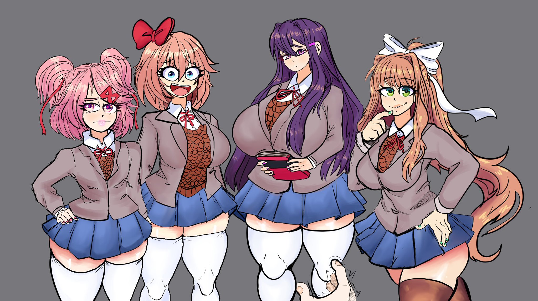 4girls, big breasts, black legwear, black thighhighs, blue eyes, blue skirt, book, bottom heavy, breasts, brown hair, doki doki literature club, female, female focus, flat chest, green eyes, horny, huge breasts, imminent rape, imminent sex, large breasts, legwear, lemonadepikachu, long hair, looking at viewer, medium breasts, monika (doki doki literature club), multiple females, multiple girls, natsuki (doki doki literature club), pink eyes, pink hair, ponytail, pov, purple eyes, purple hair, ribbon, sayori (doki doki literature club), school uniform, schoolgirl, short hair, size difference, skirt, small breasts, smiling, smiling at viewer, thick, thick thighs, thighhighs, thighs, trembling, white legwear, white ribbon, white thighhighs, wide hips, yuri (doki doki literature club)