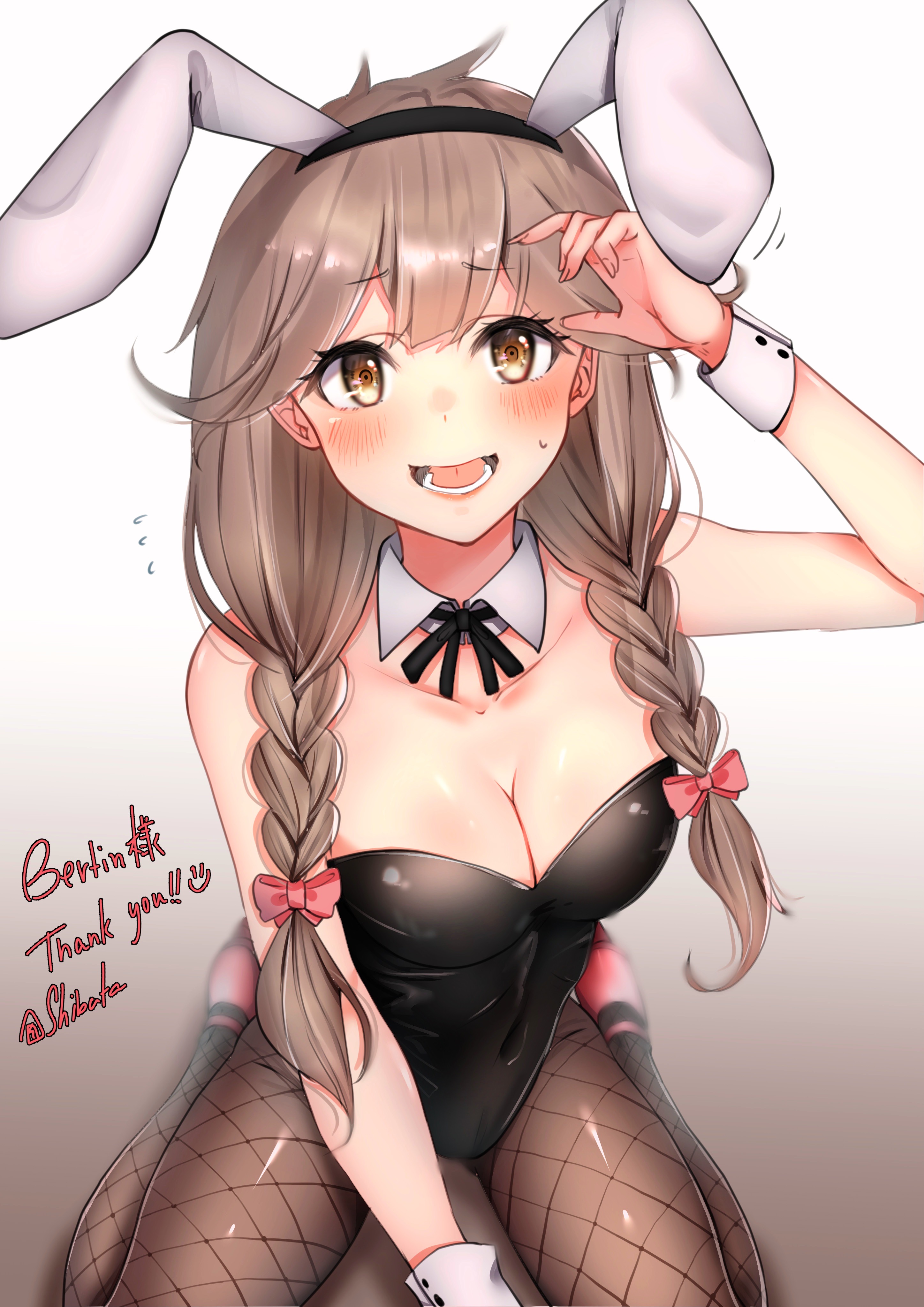 1girls, alternate costume, bare shoulders, blush, braid, breasts, brown eyes, brown hair, bunny ears, bunny girl, bunnysuit, cleavage, faye (fire emblem), female, fire emblem, fire emblem echoes: shadows of valentia, fishnet legwear, fishnets, kneeling, leotard, long hair, looking up, medium breasts, nintendo, onigirisss, open mouth, second-party source, smile, solo, twin braids