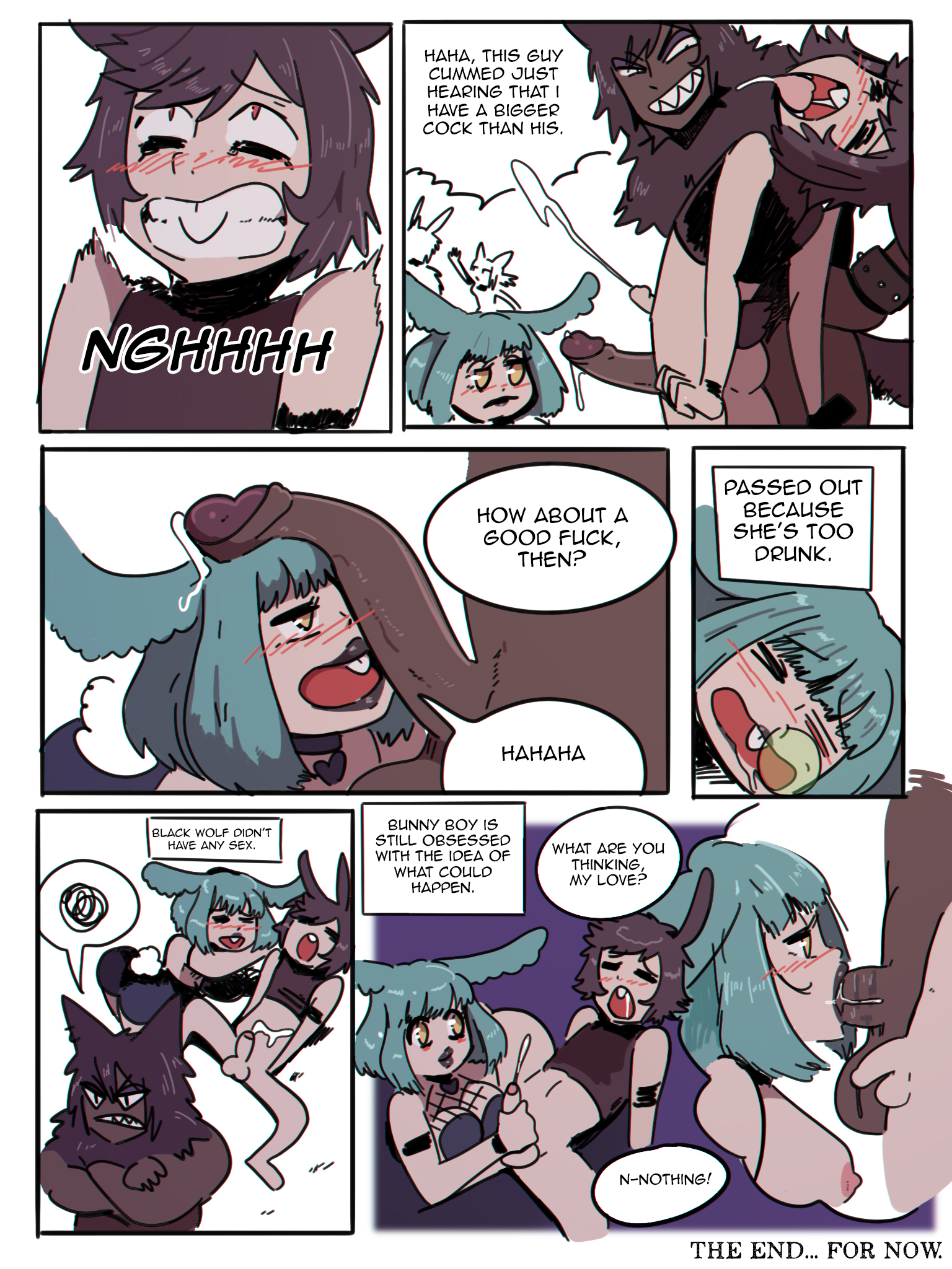balls, blowjob, bunny boy, bunny girl, comic, cuckold, cum, cumshot, dark skin, dark-skinned male, deepthroat, dialogue, drunk, english text, fellatio, female, femboy, foreskin, goth, handjob, hi res, kiba (wolfgang bang), male, oral, oral sex, original, passed out, penis, penis out, penis size difference, premature ejaculation, small penis, small penis humiliation, speech bubble, sunny (wolfgang bang), tagme, tommy (wolfgang bang), uncircumcised, white background, wolf boy, wolfgang bang, year request