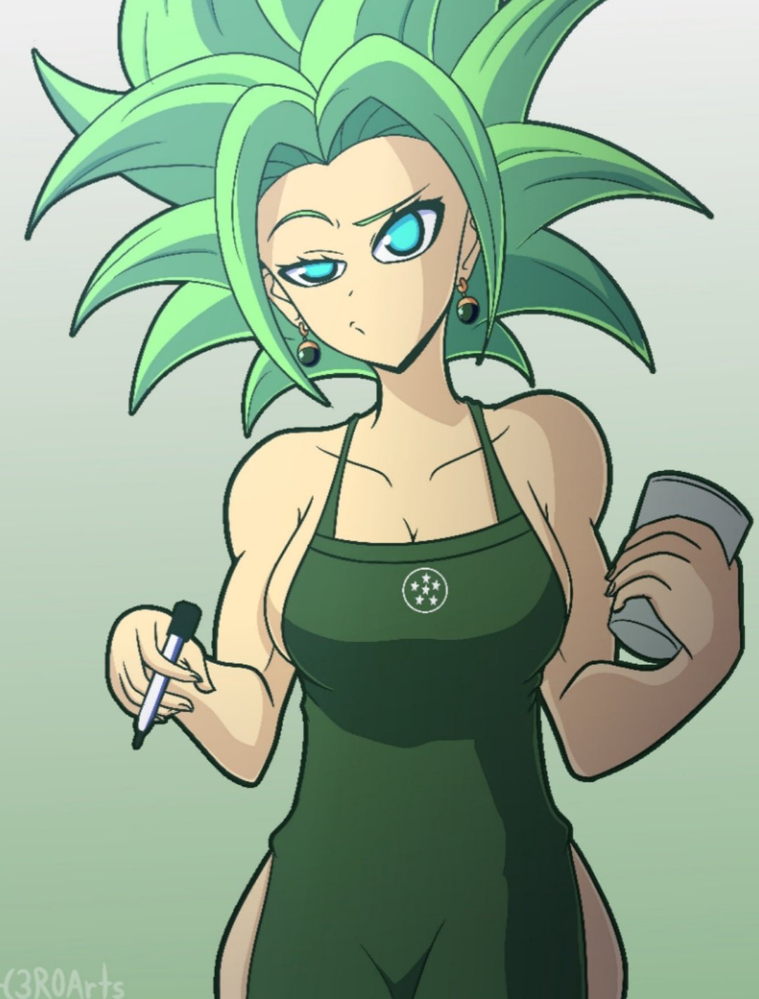 apron, artist request, breasts, busty, coffee, coffee cup, dragon ball, female, green hair, hourglass figure, iced latte with breast milk, kefla, meme, tagme, waitress, waitress uniform, wide hips