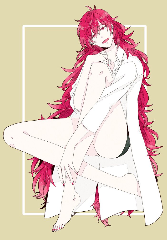 ambiguous_gender androgynous coat eeennnka feet gem hand_on_knee happy houseki_no_kuni humanoid land_of_the_lustrous open_mouth padparadscha_(houseki_no_kuni) padparadscha_(land_of_the_lustrous) red_eyes red_hair red_nails shiny_hair shorts simple_background smile unknown_gender very_long_hair