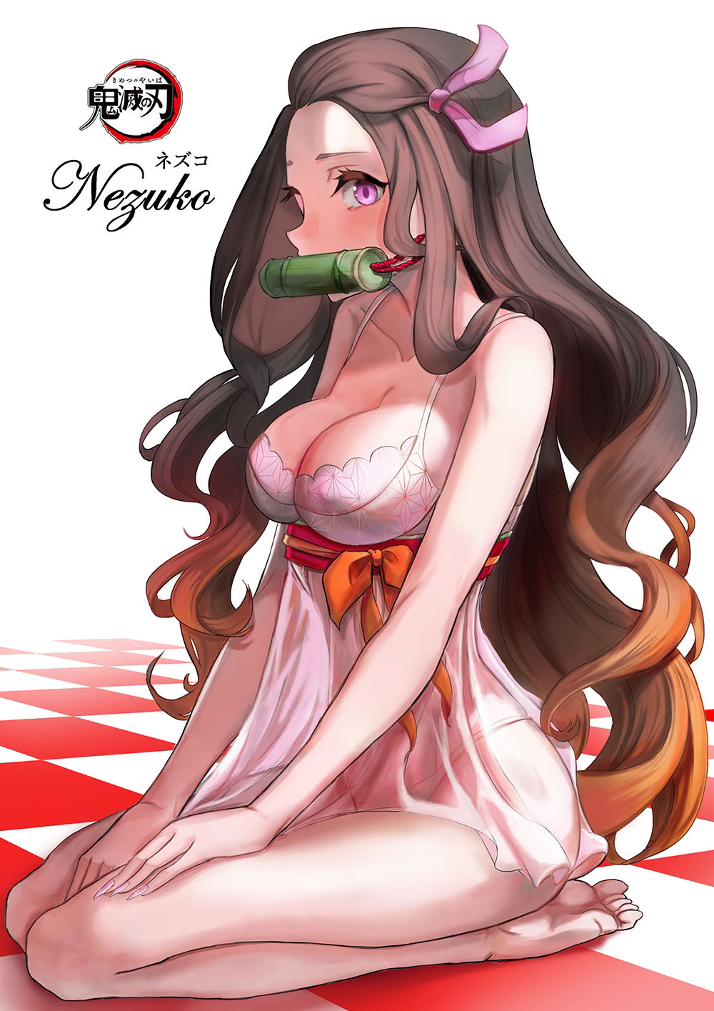 1girls, alternate costume, barefoot, black hair, black-haired female, breasts, brown hair, cleavage, demon slayer, female, female only, gag, hair ribbon, kamado nezuko, kimetsu no yaiba, lingerie, long hair, looking at viewer, medium breasts, mouth gag, negligee, pink eyes, plapang, see-through clothing, seiza, sharp fingernails, sitting, solo, transparent clothing, two-tone hair, wavy hair