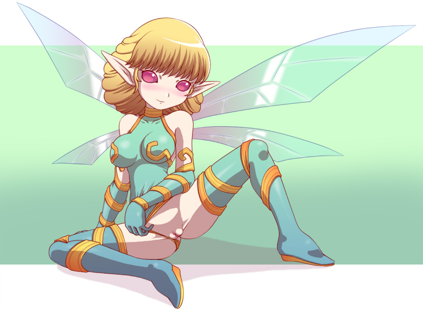 1girls blonde_hair blush fairy female gloves large_breasts leotard leotard_aside long_boots megami_tensei no_pupils nollety pointy_ears pussy red_eyes shin_megami_tensei short_hair smile solo spread_legs sylph_(megami_tensei) thighhighs wings