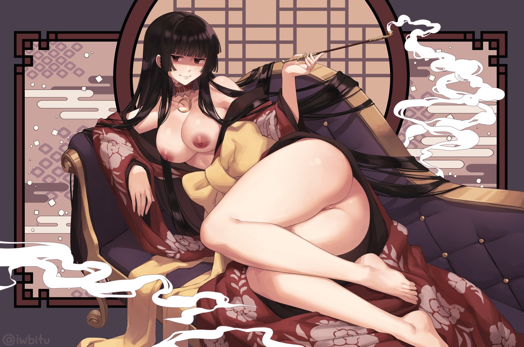 1girls, areolae, ass, barefoot, big ass, big breasts, breasts, feet, female, female only, hime cut, iwbitu, japanese clothes, kimono, kiseru, large breasts, nipples, pussy, solo, toes, xxxholic, yuuko ichihara