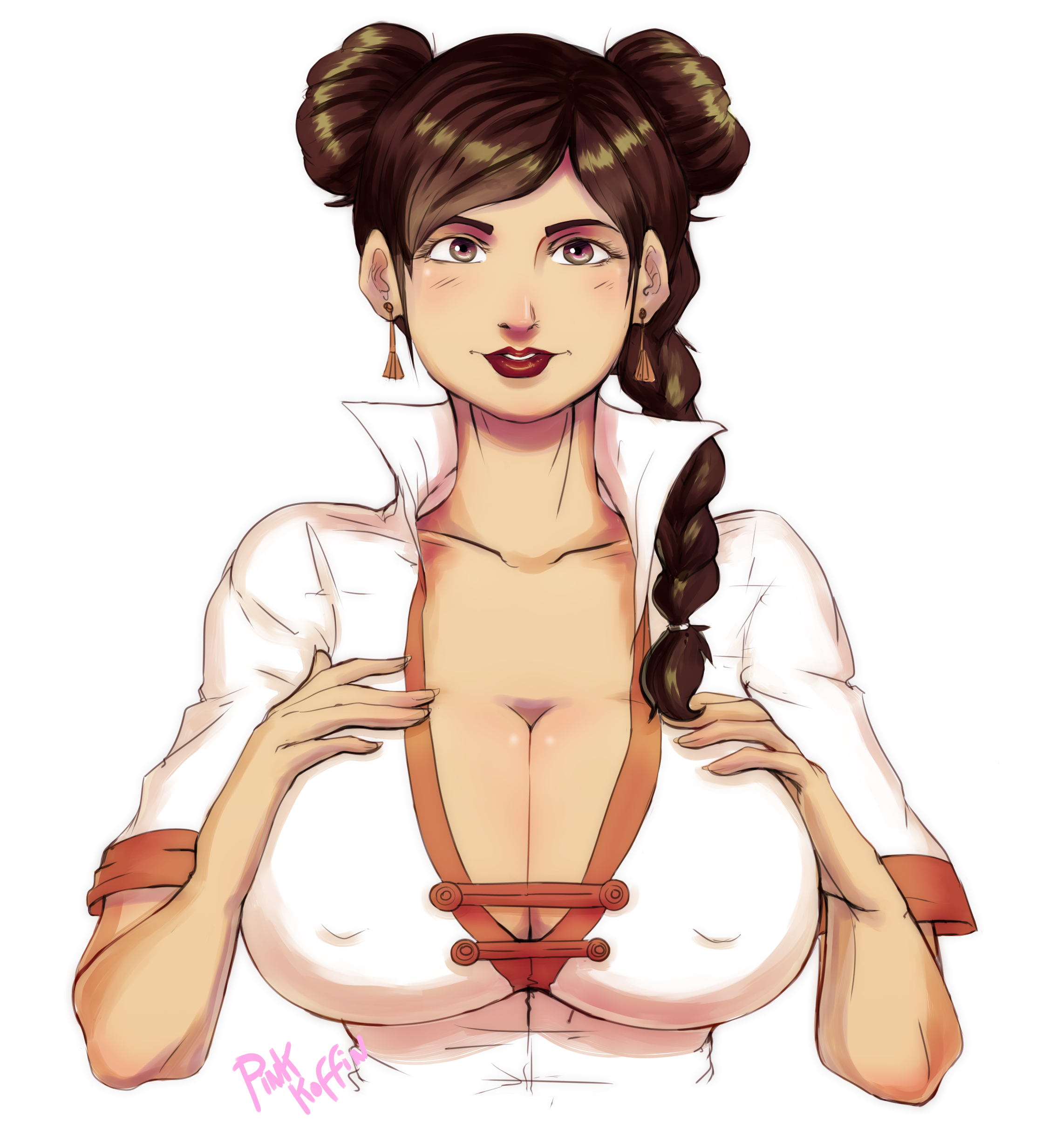 1girls, alternate breast size, alternate costume, alternate hairstyle, big breasts, boruto: naruto next generations, braid, braided ponytail, breasts, brown eyes, brown hair, busty, center opening, chinese clothes, cleavage, clothed female, double bun, earrings, erect nipples, female, hands on own breasts, lipstick, long hair, looking at viewer, makeup, naruto, naruto (series), naruto: the last, nipples, no bra, parted bangs, parted lips, pinkkoffin, ponytail, shirt, shounen jump, side ponytail, solo, solo focus, tenten, touching breast, upper body