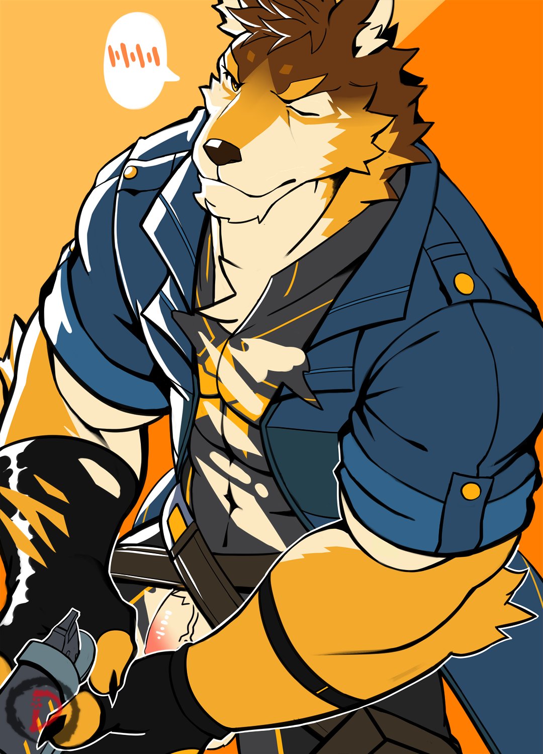 anthro barrel_(live-a-hero) blush canid canine canis clothing dingding_(artist) fingerless_gloves flaccid genitals gloves handwear hi_res live-a-hero male mammal muscular muscular_anthro muscular_male penis solo superhero torn_clothing video_games wolf