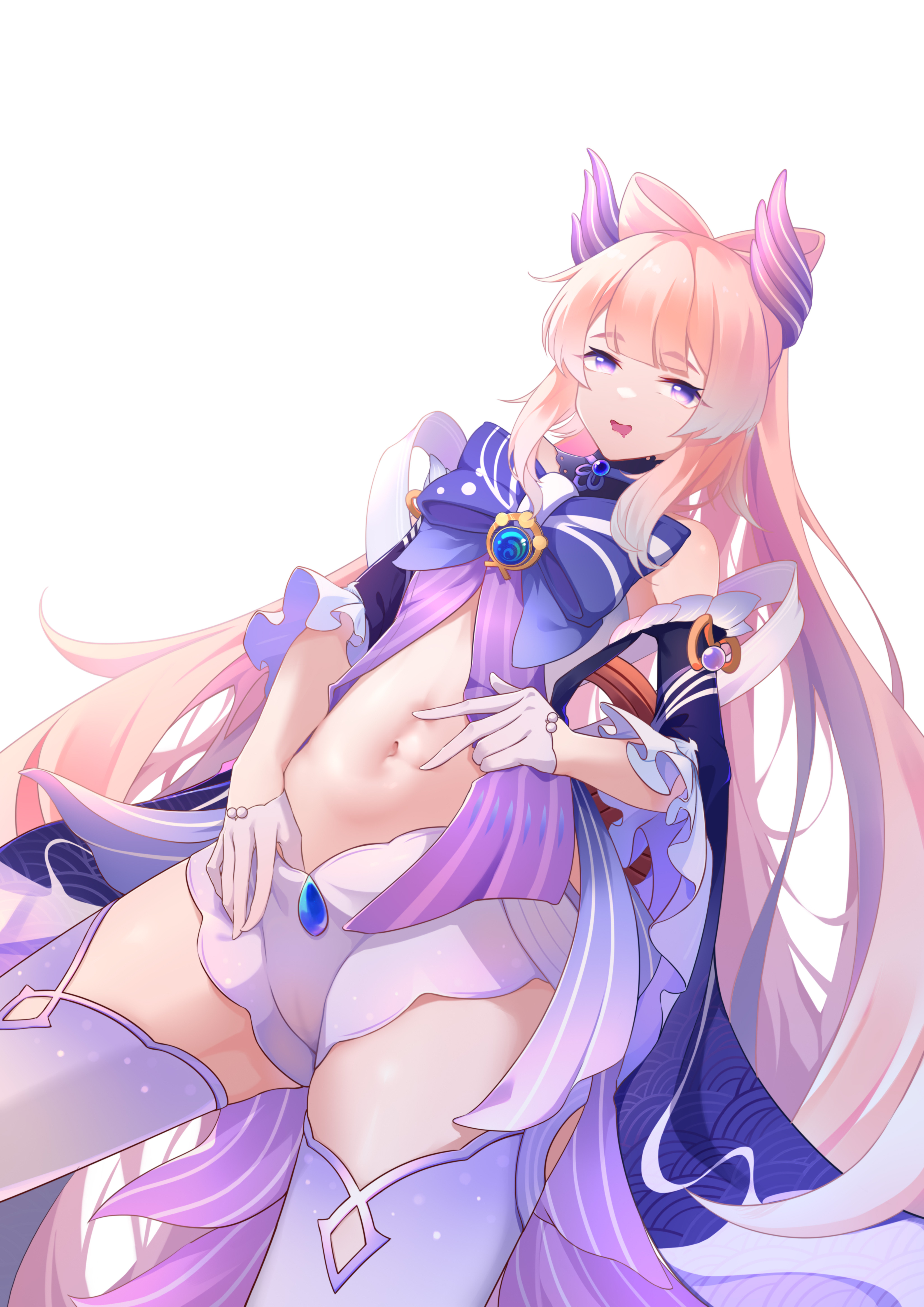 1girls, chan sang0, female, genshin impact, navel, pink hair, pulling down pants, purple eyes, purple hair, revealing clothes, sangonomiya kokomi, thick thighs, thighhighs, thighs