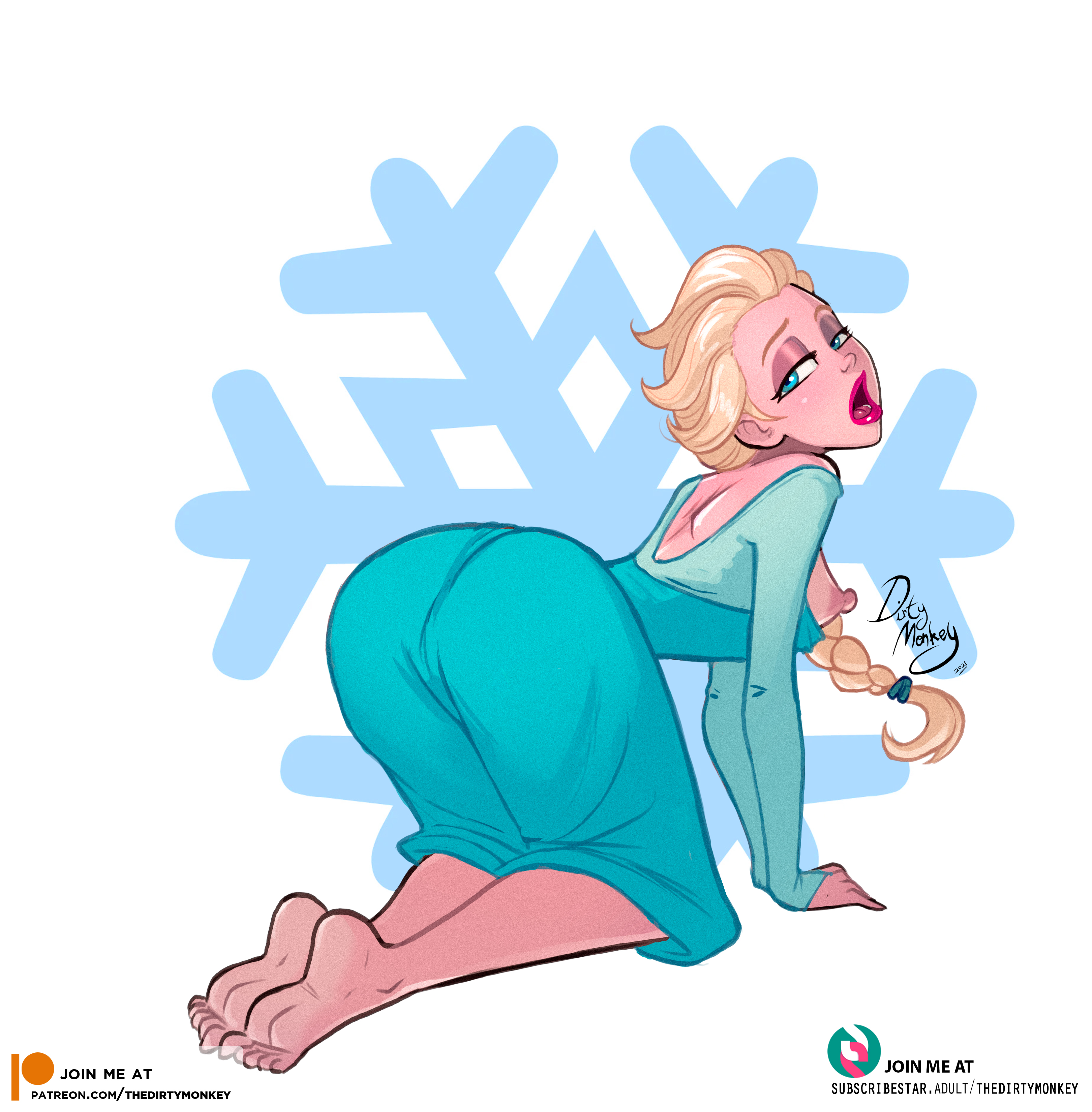 1girls, ass, barefoot, big ass, disney, elsa (frozen), feet, female, female only, frozen (film), large ass, looking at viewer, looking back, nipples, patreon username, signature, soles, solo, subscribestar username, text, thedirtymonkey