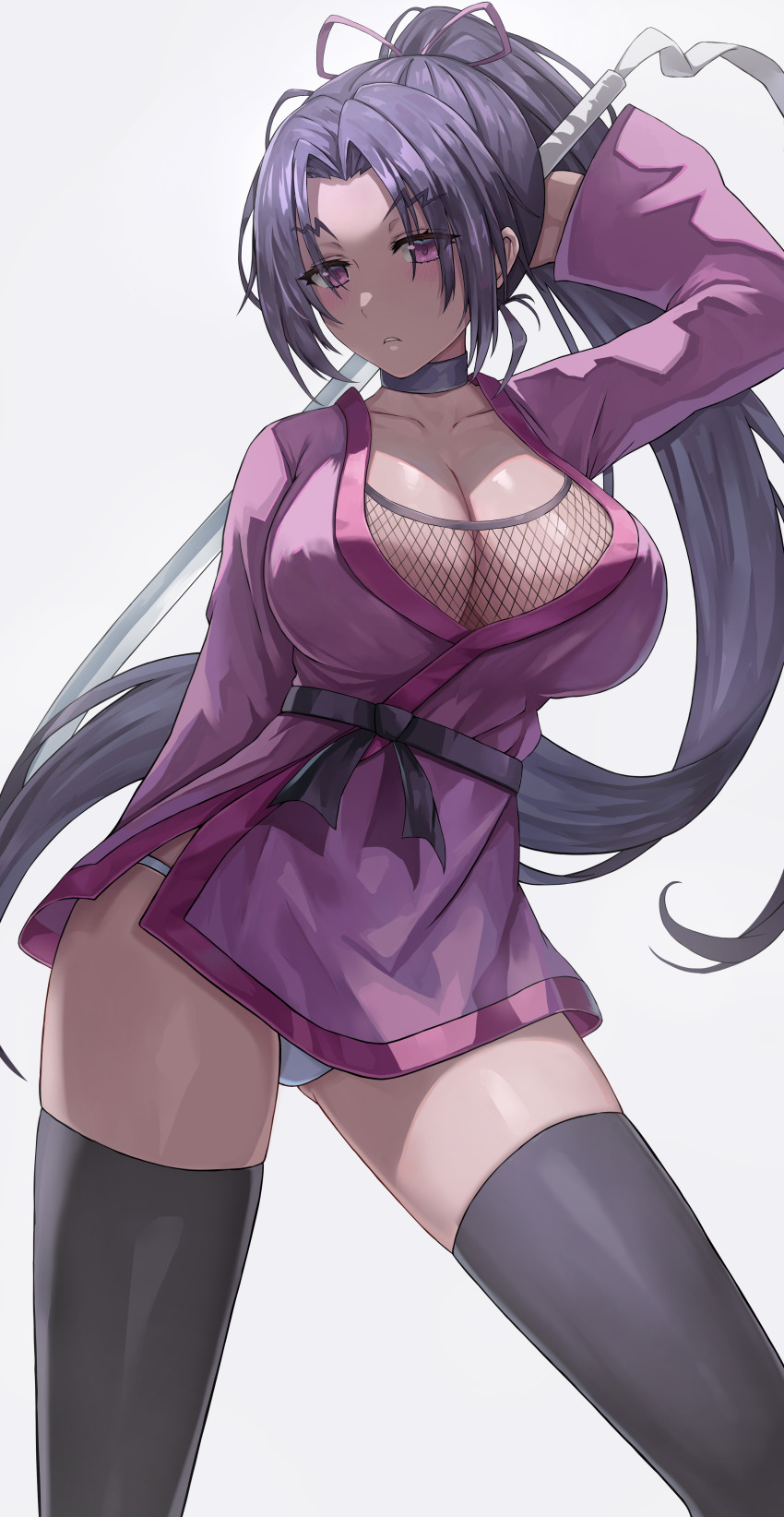 1girls absurdres blush breasts choker cleavage collarbone female female_only highres history's_strongest_disciple_kenichi japanese_clothes jasony katana large_breasts long_hair looking_at_viewer panties pink_eyes ponytail purple_hair ribbon shigure_kousaka shijou_saikyou_no_deshi_ken'ichi solo standing sword thighhighs underwear weapon