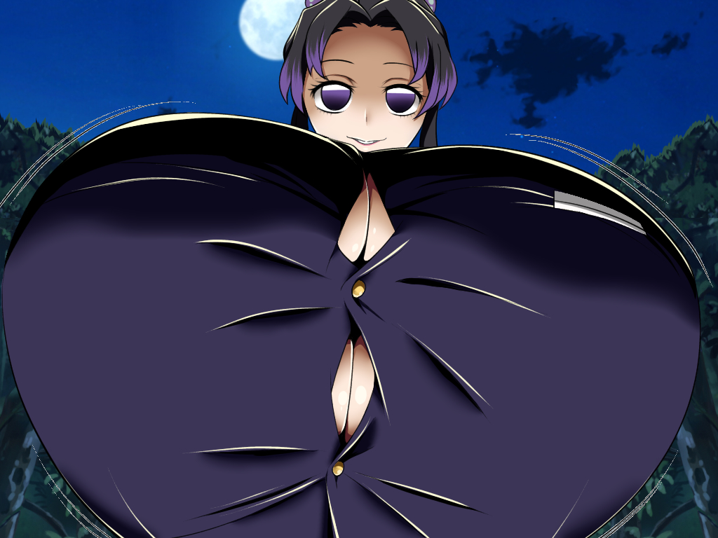 1girls, big breasts, black hair, breasts, cleavage, demon slayer, enormous breasts, female, female only, huge breasts, kimetsu no yaiba, kochou shinobu, low-angle view, massive breasts, moon, night, norio (pheromosa times), outside, purple eyes, smile, solo, solo female, straining buttons, tight clothing, two-tone hair
