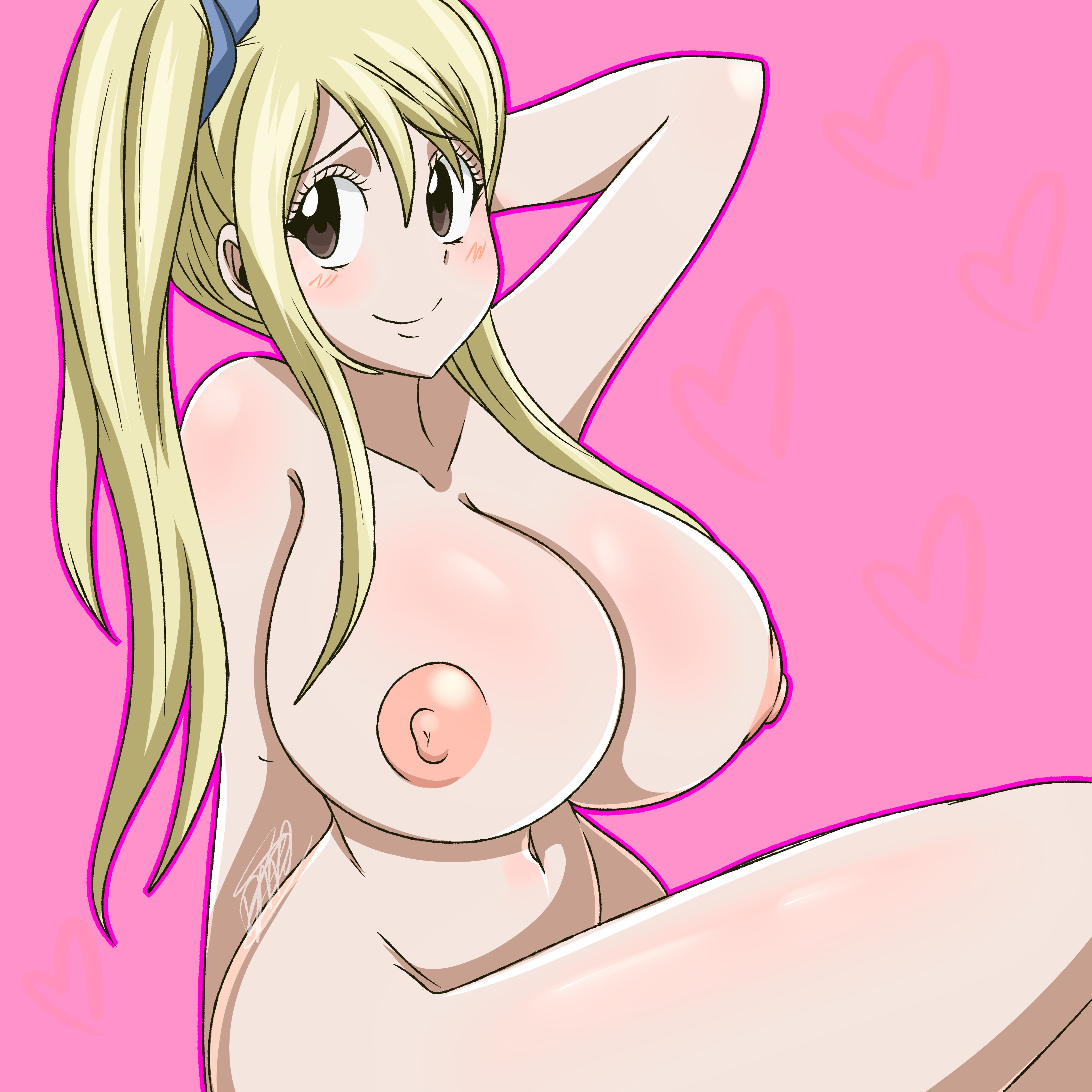 1girls, areolae, arm behind head, big breasts, blonde hair, blonde-haired female, blush, breasts, brown eyes, collarbone, crysnickel, eyebrows visible through hair, eyelashes, fairy tail, female, female only, hair ribbon, heart, huge breasts, human, human only, large breasts, looking at viewer, lucy heartfilia, nipples, nude, short hair, side ponytail, sitting, smile, solo, solo female, tagme, thick thighs