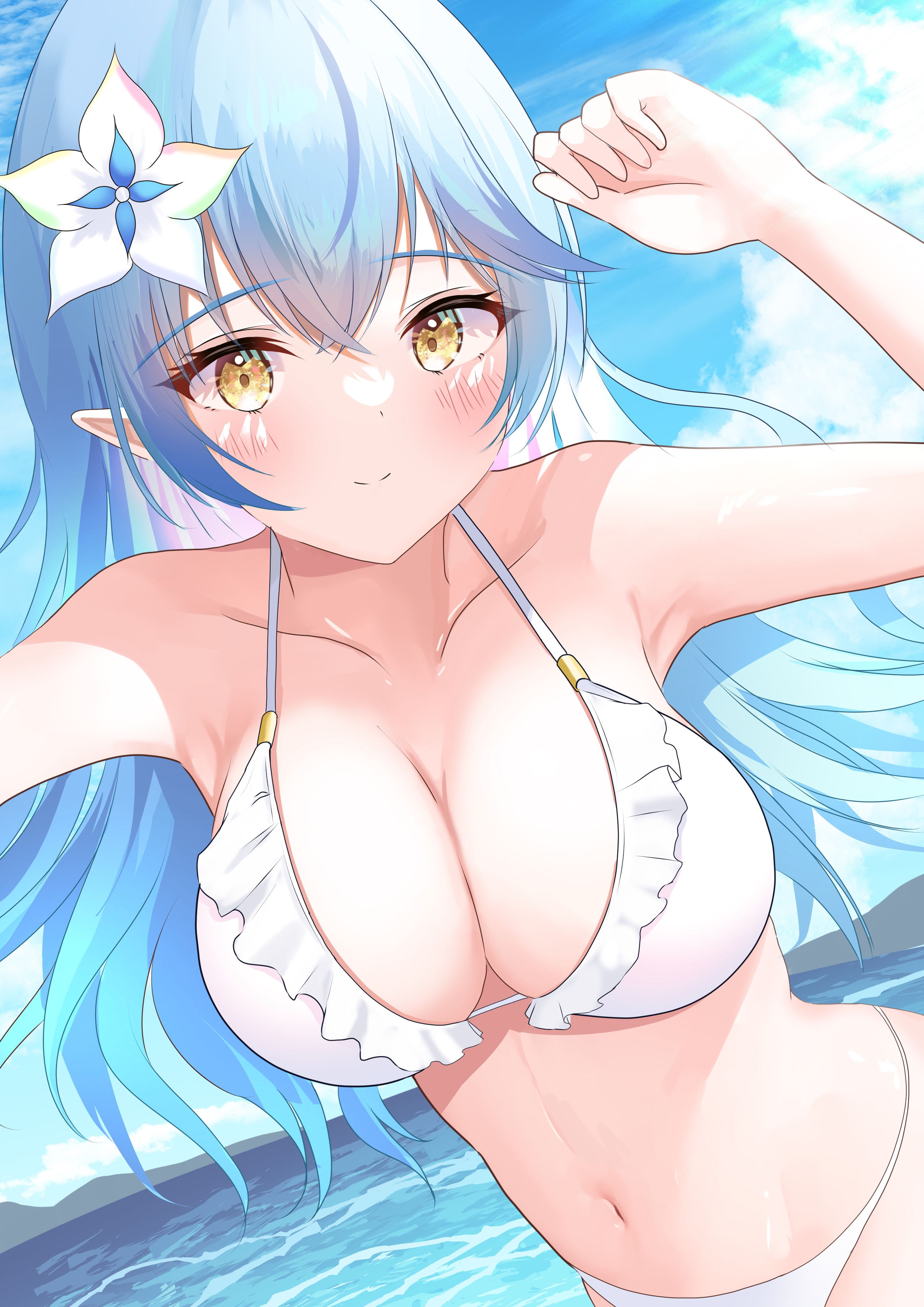 1girls, absurdres, bikini, blue hair, blush, breasts, cleavage, closed mouth, cloud, collarbone, day, eyebrows visible through hair, female, female focus, female only, flower, hair flower, hair ornament, halterneck, hand up, hibiscus, highres, hololive, hololive gen 5, hololive japan, large breasts, long hair, navel, ocean, onabe no shime, pointy ears, sky, smile, solo, solo female, solo focus, string bikini, sunlight, swimsuit, upper body, virtual youtuber, water, white bikini, white flower, yellow eyes, yukihana lamy