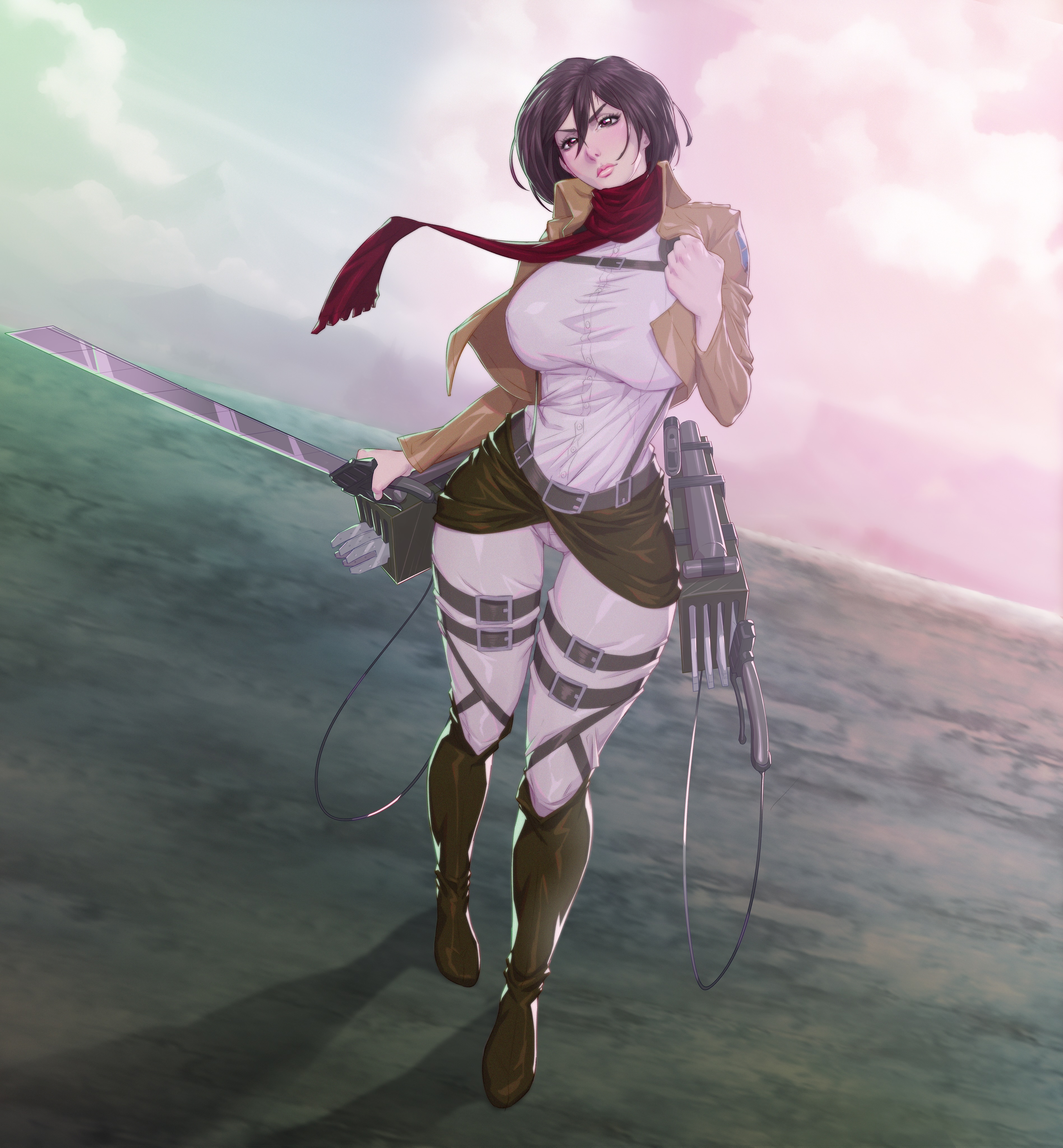 1girls, alternate version available, arttoru, attack on titan, big breasts, breasts, female, female only, fully clothed, mikasa ackerman, shingeki no kyojin, solo, thighs