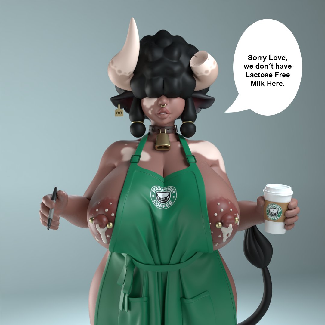 apron apron_only black_hair cow_girl cow_horns curly_hair dark-skinned_female dark_nipples dark_skin english_text generalbuta hair_between_eyes hair_over_eyes huge_breasts iced_latte_with_breast_milk lactation lactophilia meme naked naked_apron nerissa_(generalbuta) nipple_piercing nipples nose_ring short_hair speech_bubble text