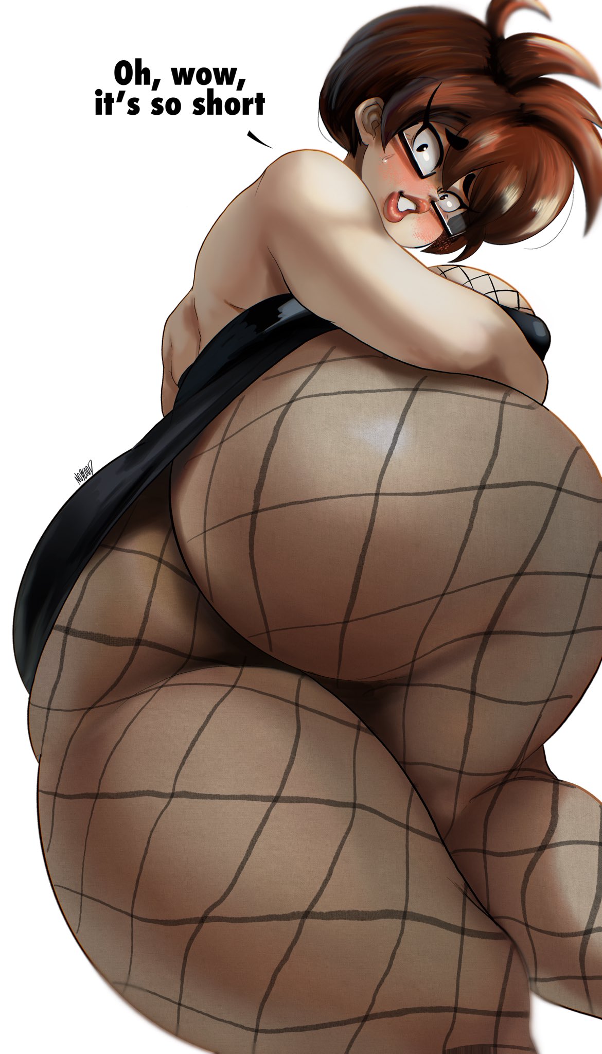 1girls, ass, ass focus, big ass, big breasts, blush, breasts, brown hair, bubble ass, bubble butt, butt crack outline, female, female only, fishnet pantyhose, glasses, huge ass, large breasts, looking at viewer, looking down, minidress, noblood, original, short hair, text, thick thighs, thighs