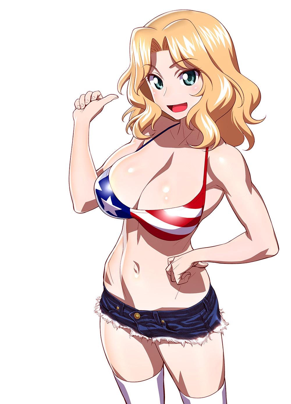 1girls, american flag, american flag bikini, american flag bikini top, armpits, belly button, big breasts, bikini, bikini top, blush, blushing at viewer, booty shorts, breasts, cleavage, exposed belly, exposed shoulders, exposed torso, eyebrows visible through hair, female, girls und panzer, green eyes, hand on breast, happy, huge breasts, jean shorts, kay (girls und panzer), large breasts, large thighs, legs, light skin, light-skinned female, looking at viewer, open mouth, platinum blonde hair, ripped clothing, ripped pants, ripped shorts, seductive, short shorts, shorts, shoulder length hair, shoulders, slim, smile, smiling, smiling at viewer, thick thighs, thighhighs, thighs, toned, toned body, toned female, white background, white skin, white thighhighs