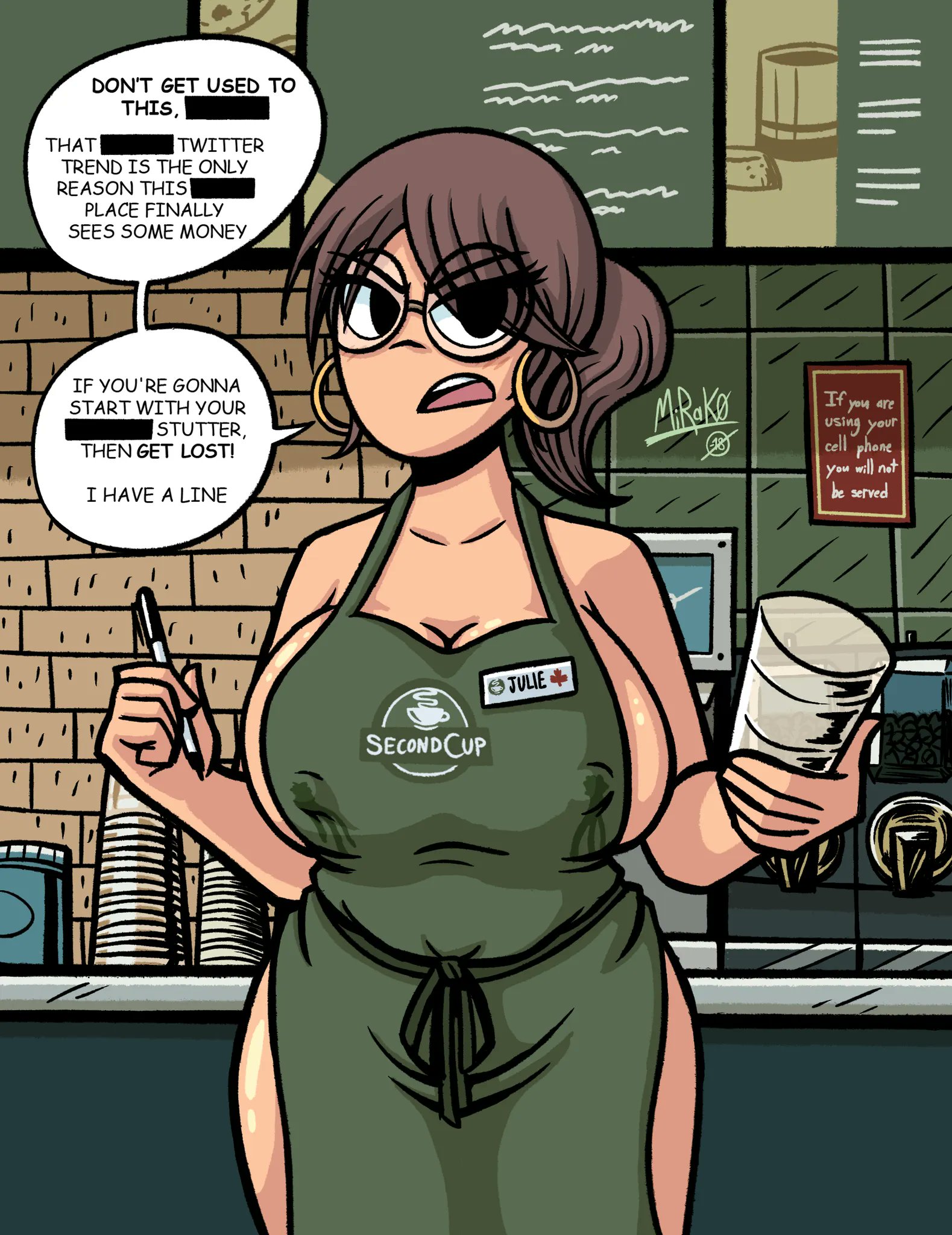 1girls, alternate version available, angry, apron, apron only, breasts, brown hair, censor bar, english text, female, glasses, iced latte with breast milk, julie powers, lactating, lactation, lactation through clothes, light skin, light-skinned female, looking at viewer, meme, mirako, naked, naked apron, ponytail, scott pilgrim, speech bubble, workplace