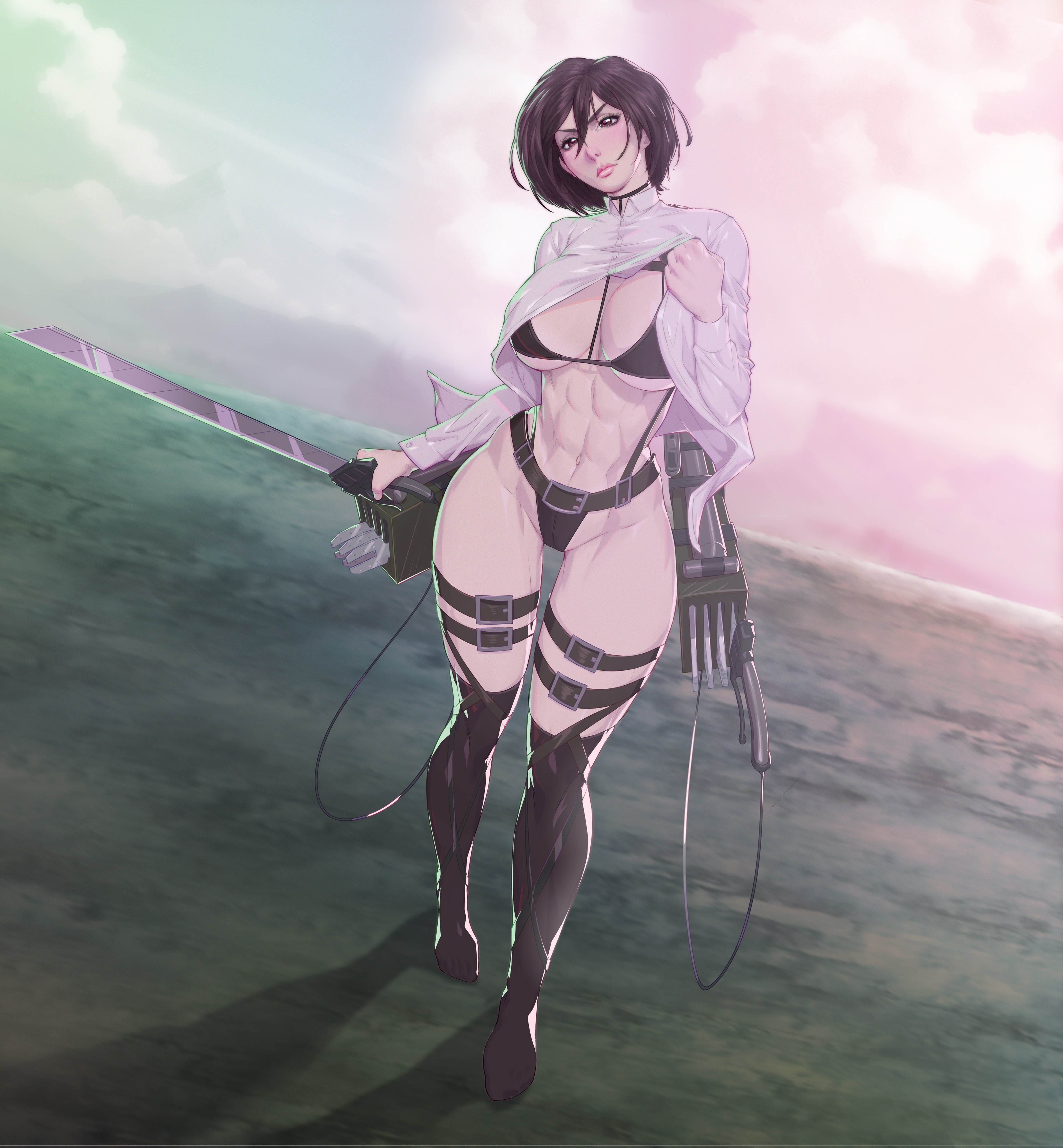 1girls, abs, alternate version available, arttoru, attack on titan, big breasts, bikini top, breasts, female, female only, mikasa ackerman, shingeki no kyojin, solo, thighs