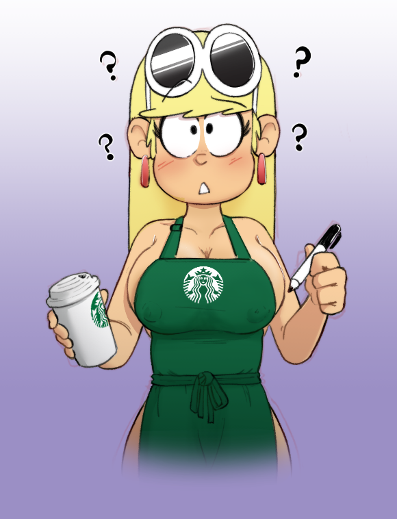 apron apron_only big_breasts blonde_hair blush confused confusion earrings holding_object huge_breasts iced_latte_with_breast_milk leni_loud light-skinned_female light_skin long_hair looking_at_viewer mannysdirt meme naked naked_apron nickelodeon nipple_bulge purple_background question_mark starbucks sunglasses sunglasses_on_head text the_loud_house