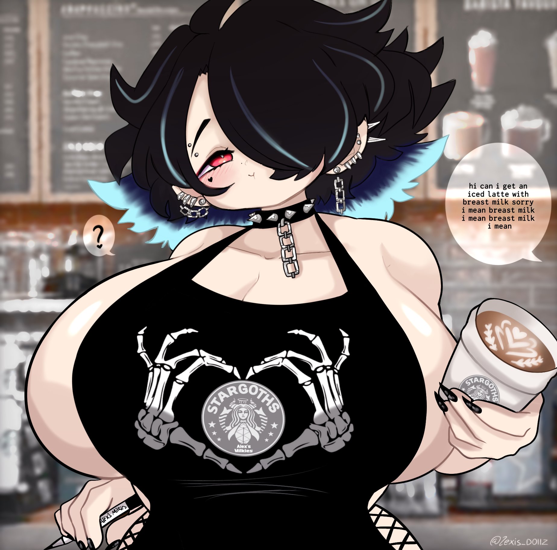 1girls, apron, black hair, black nail polish, blush, breasts, cheek tattoo, ear piercing, earrings, english text, eyebrow piercing, female, female focus, goth, goth girl, hair over one eye, huge breasts, iced latte with breast milk, lexisdollz, light skin, light-skinned female, meme, nail polish, naked apron, oc, one eye covered, original character, red eyes, speech bubble, text, voluptuous, waitress uniform