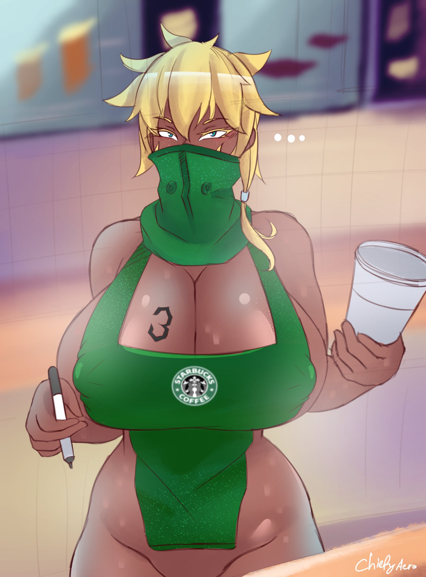 bleach, blonde hair, blue eyes, breast tattoo, breasts, chiefyaero, cleavage, clothing, covering mouth, dark skin, dark-skinned female, female, huge breasts, iced latte with breast milk, looking at viewer, mask, masked, meme, thick thighs, tia harribel, voluptuous, wide hips