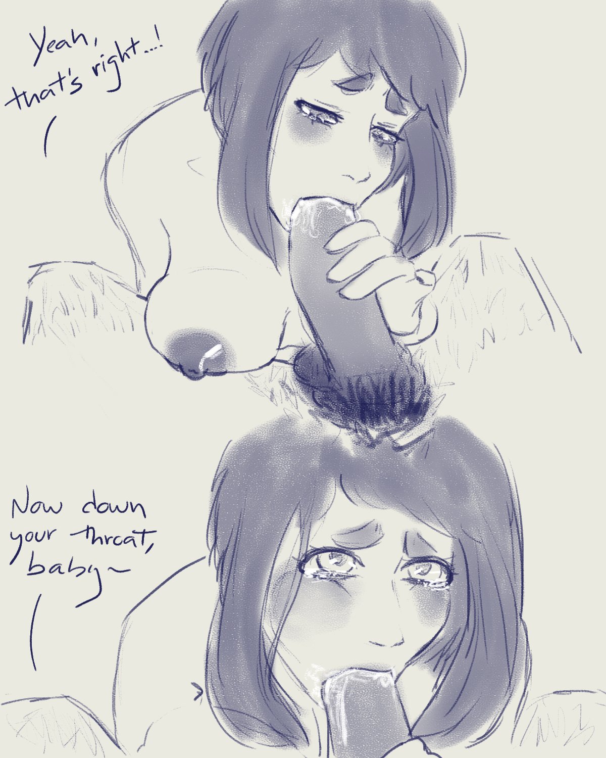 1girls, breasts, cum in mouth, deepthroat, deepthroat request, eijirou kirishima, english text, erect penis, fellatio, female, hand on penis, holding penis, looking at partner, looking up, male, monochrome, my hero academia, ochako uraraka, oral, penis, penis in mouth, soft breasts, text