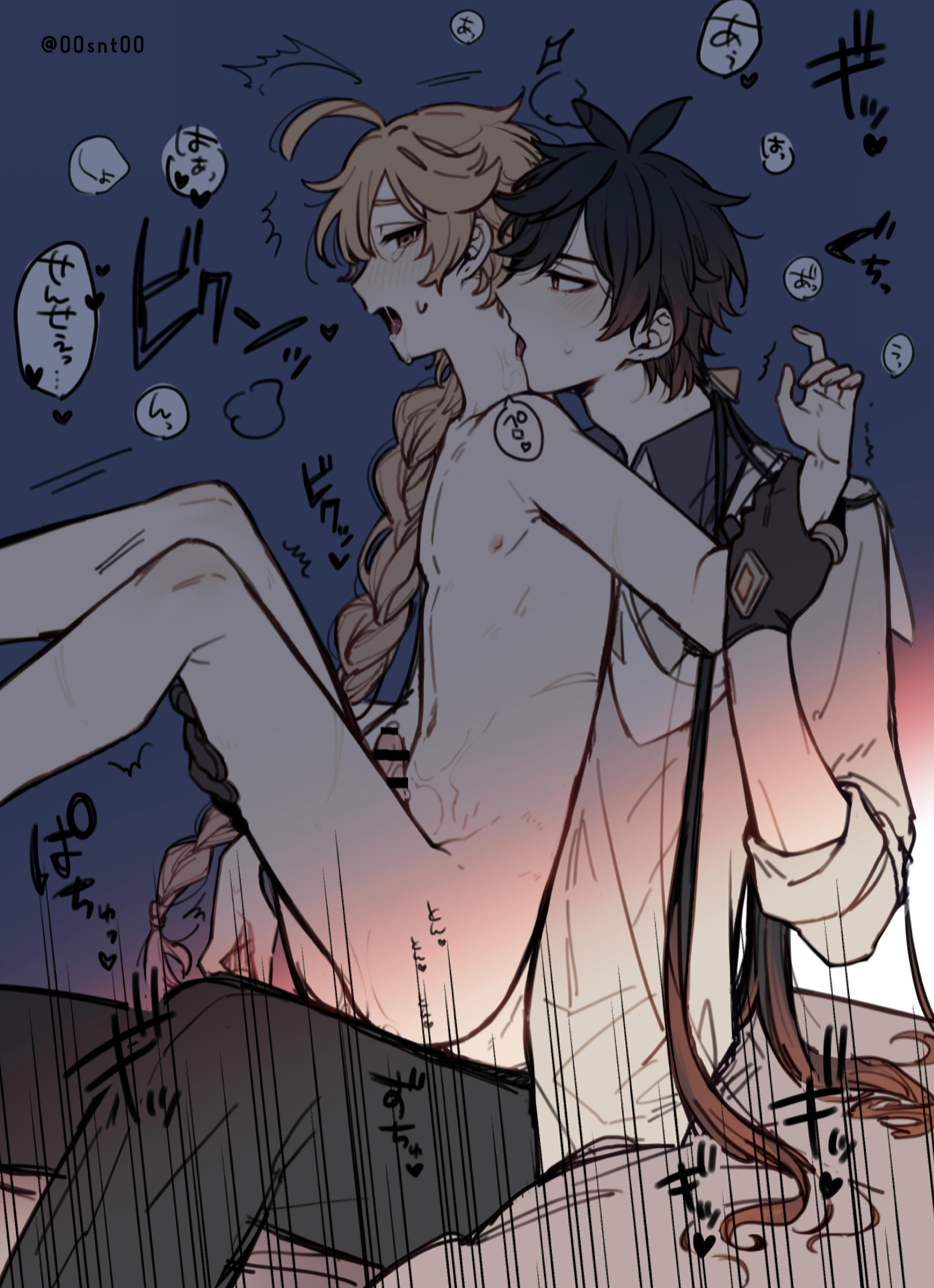 00snt00, 2boys, aether (genshin impact), anal, anal sex, blonde hair, blush, brown hair, gay, genshin impact, japanese text, licking neck, male, moaning, naked, nipples, penis, riding, riding penis, tongue, tongue out, yellow eyes, zhongli (genshin impact)