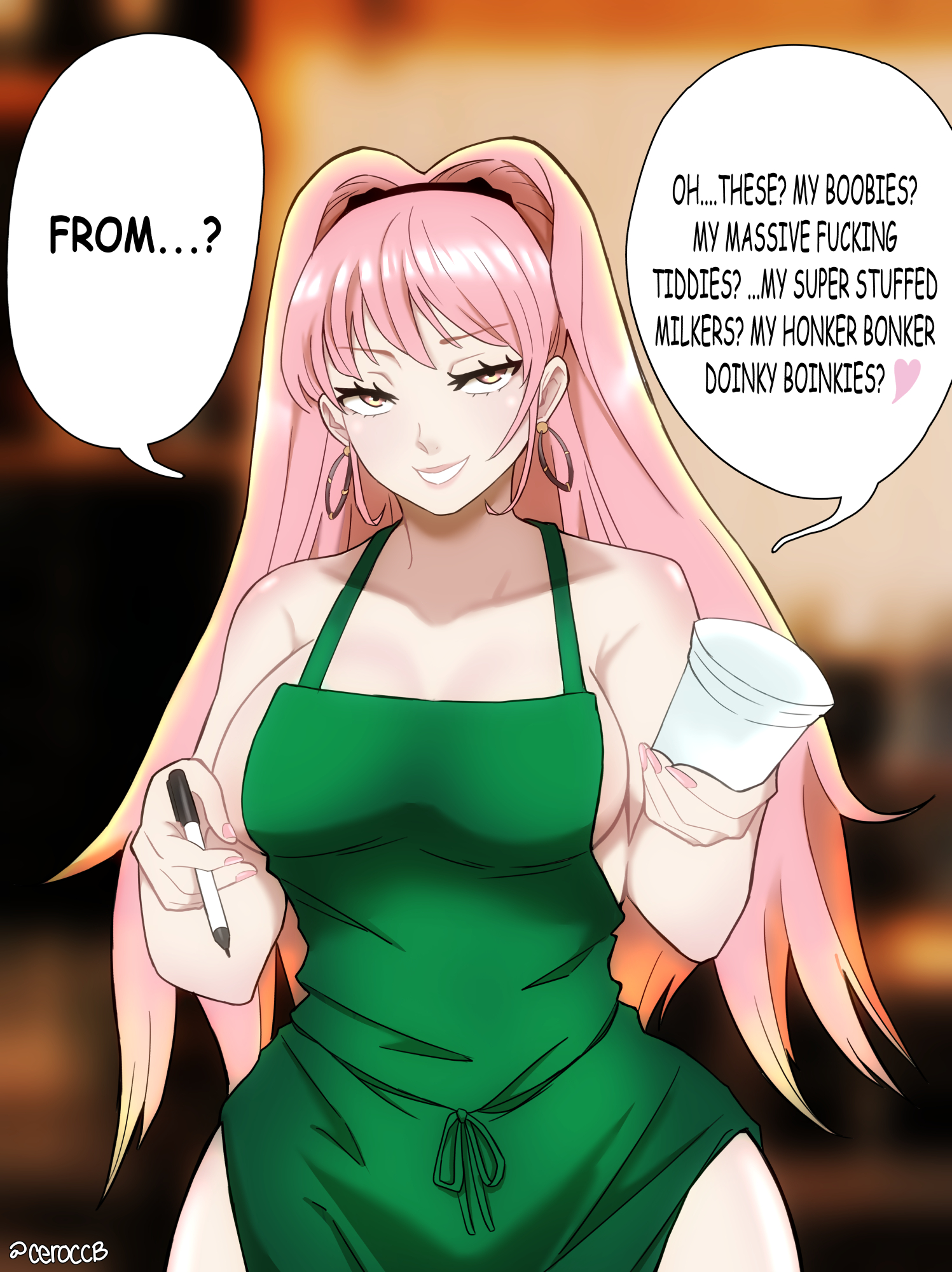 1girls, alternate costume, apron, apron only, bare shoulders, big breasts, breasts, ceroccb, cup, curvy, dirty talk, earrings, english text, female, fire emblem, fire emblem: three houses, grin, hairband, half-closed eyes, highres, hilda valentine goneril, holding, holding cup, holding pen, hoop earrings, iced latte with breast milk, jewelry, large breasts, lipstick, long hair, looking at viewer, makeup, meme, nail polish, naked apron, nintendo, oh these? (meme), pen, pink eyes, pink hair, pink nails, ponytail, seductive, seductive smile, shoulders, sideboob, smile, smug, solo, speech bubble, text, thick thighs, thighs, very long hair, wide hips
