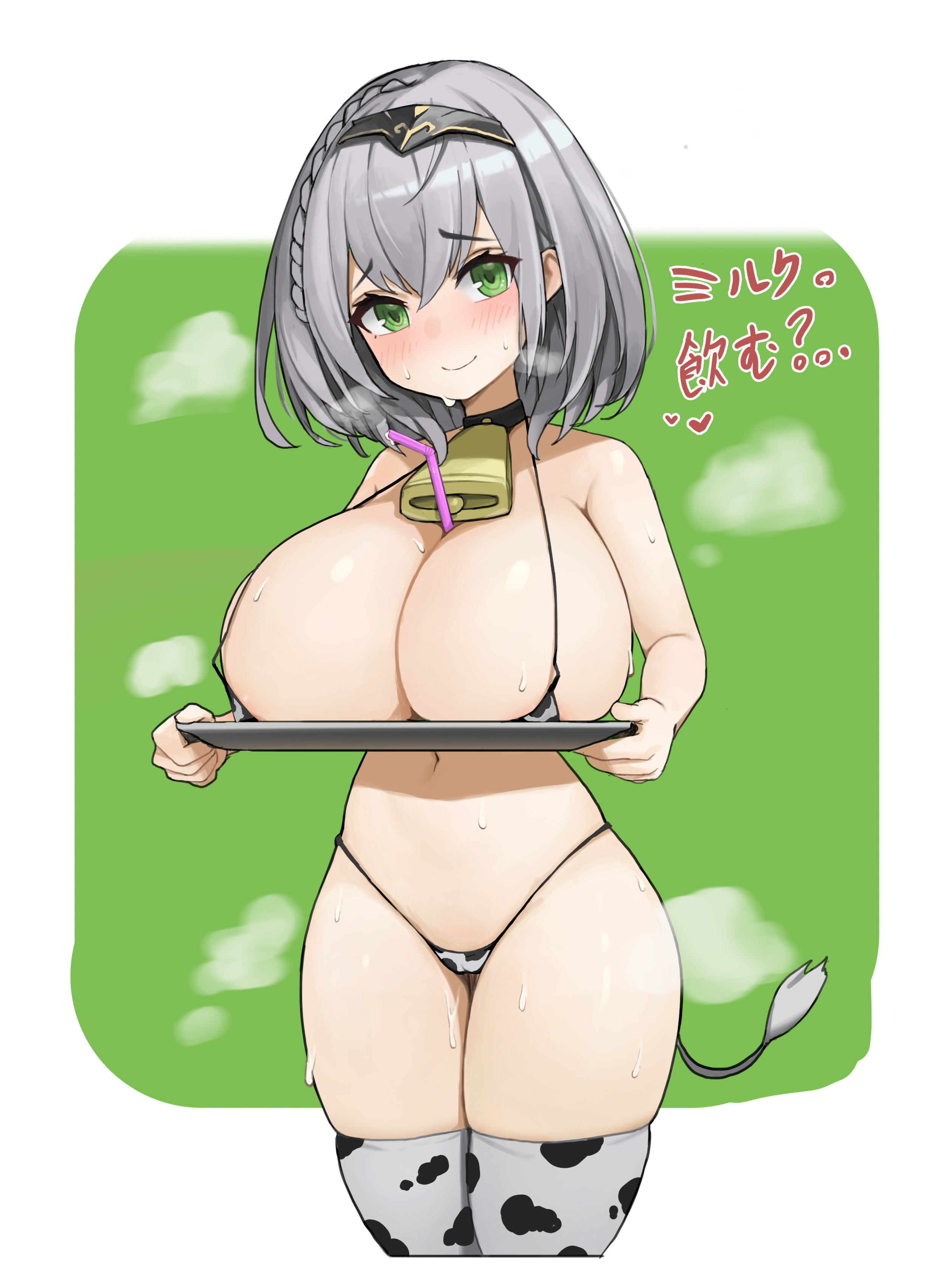 1girls, 2021, bell, bell collar, belly, big breasts, black collar, blush, breasts, breasts on tray, cleavage, collar, cow print, cow print bikini, cow print legwear, cow tail, cowbell, embarrassed, fake tail, female, female focus, female only, green eyes, grey hair, hololive, hololive fantasy, hololive japan, huge breasts, kkusak (kkusag ks), legwear, looking at viewer, micro bikini, micro bikini top, navel, shirogane noel, simple background, smile, smiling, solo, solo female, solo focus, standing, steaming body, steamy breath, sweat, sweatdrop, tail, thick thighs, thighs, tray, virtual youtuber