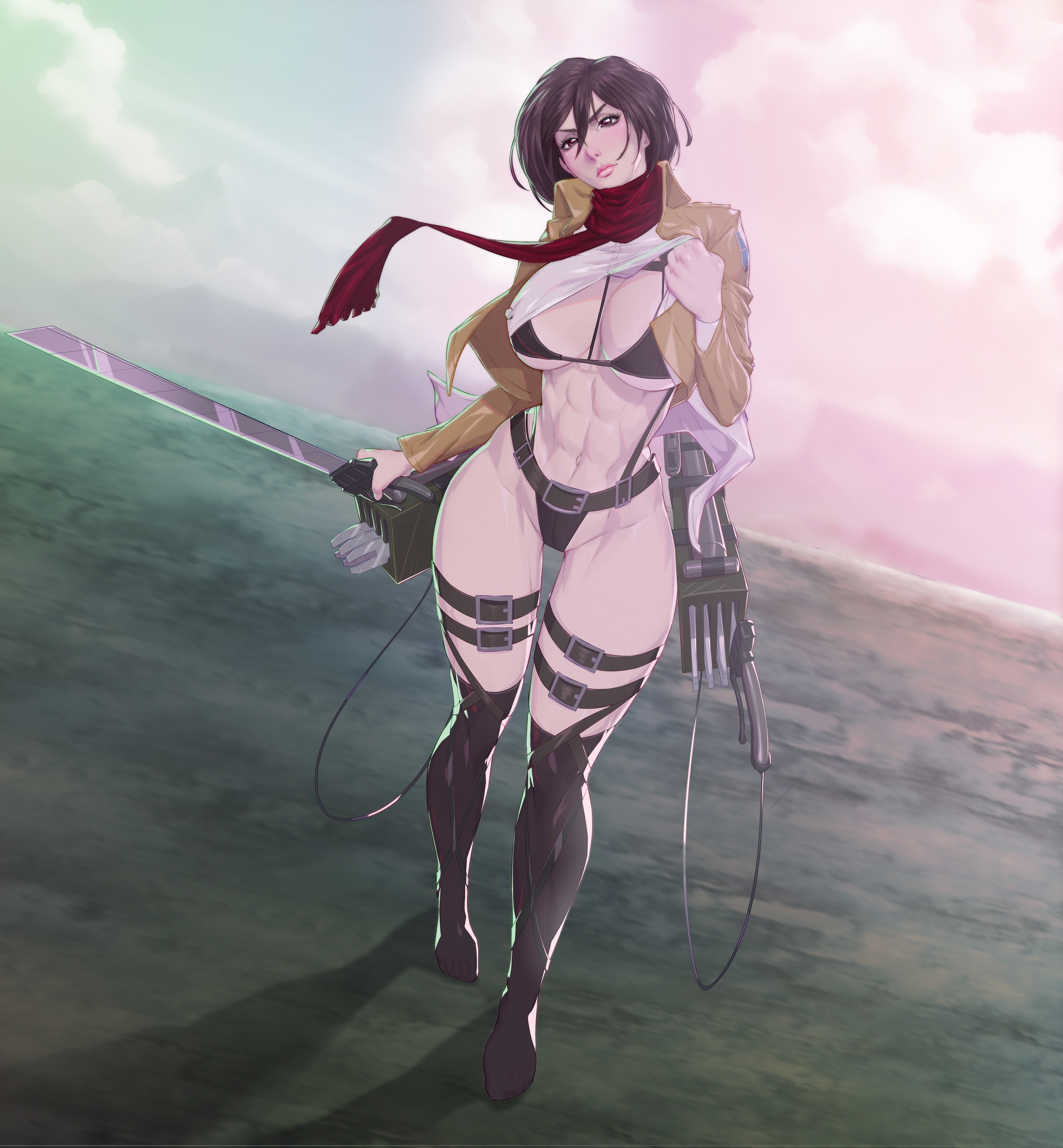 1girls, abs, alternate version available, arttoru, athletic, athletic female, attack on titan, belly button, big breasts, bikini top, breasts, female, female only, human, mikasa ackerman, muscular, muscular female, navel, shingeki no kyojin, solo, thighs