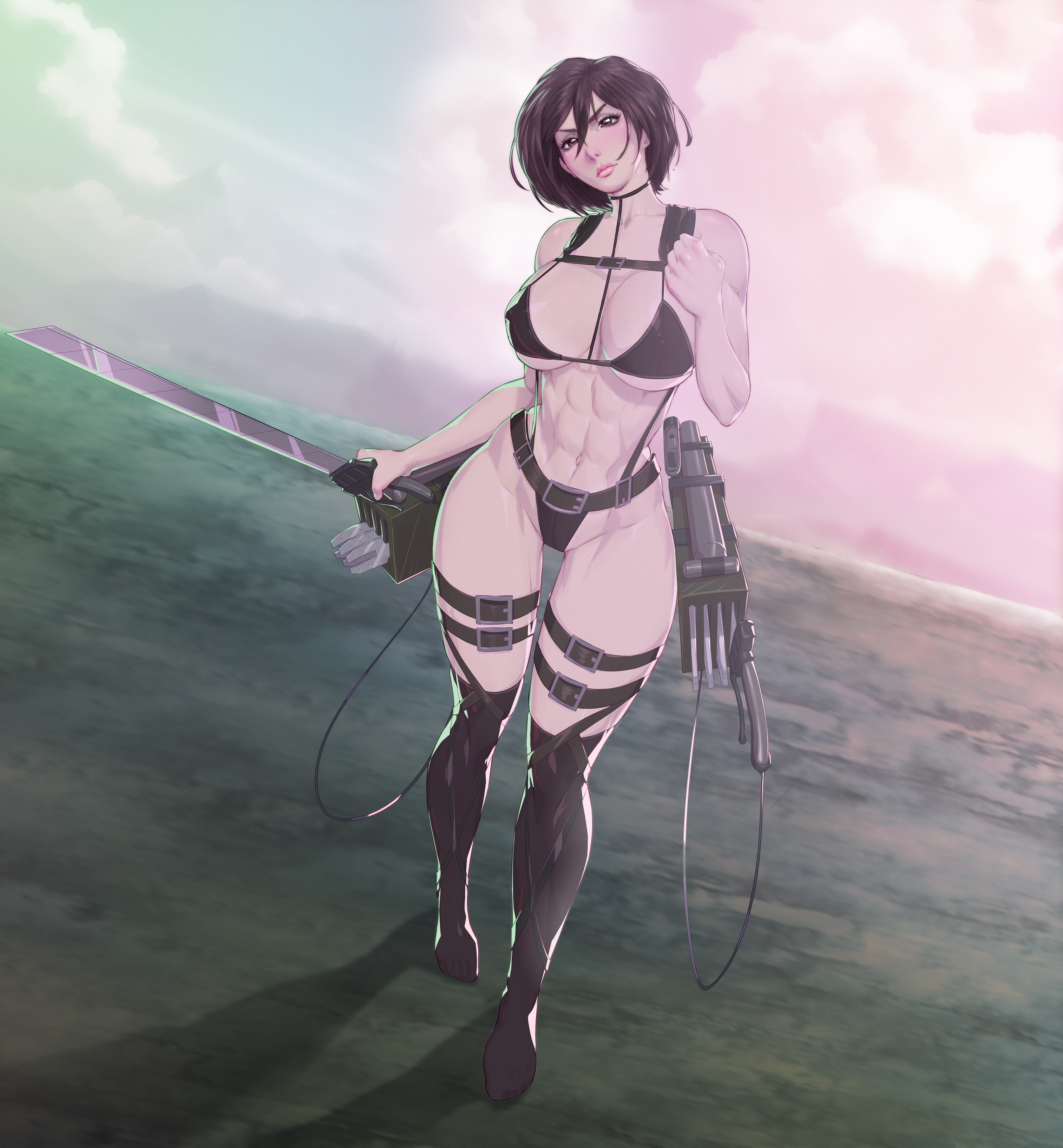 1girls, abs, alternate version available, arttoru, attack on titan, big breasts, bikini top, breasts, female, female only, mikasa ackerman, shingeki no kyojin, solo, thighs