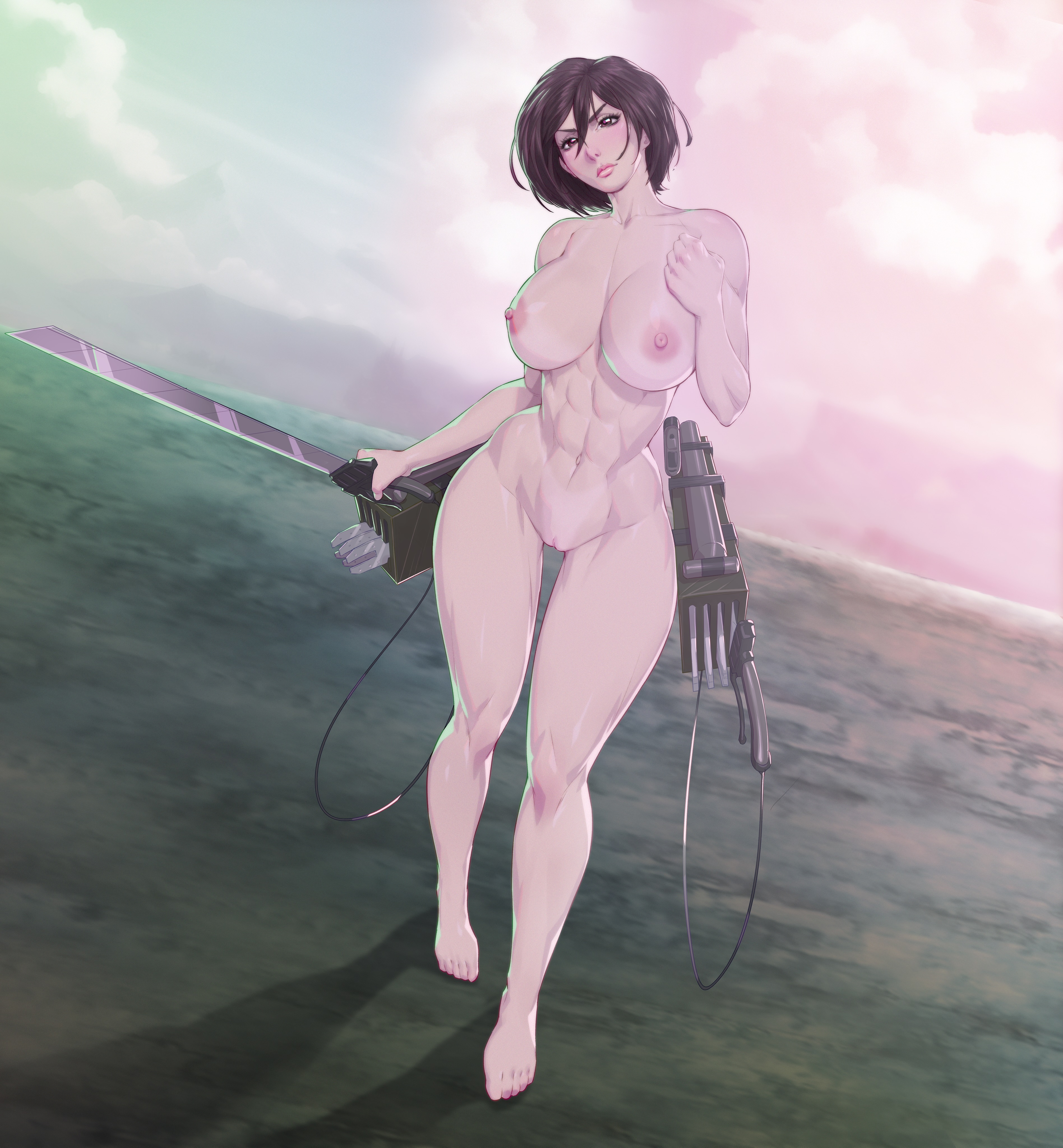 1girls, 3d maneuver gear, abs, alternate version available, areolae, arttoru, asian, asian female, athletic, athletic female, attack on titan, breasts, chiseled, chiseled abs, erect nipples, female, female only, female soldier, fit, fit female, huge breasts, human, innie pussy, mikasa ackerman, muscular, muscular female, nipples, nude, pussy, shingeki no kyojin, short hair, short-haired female, soldier, solo, thighs, wide hips