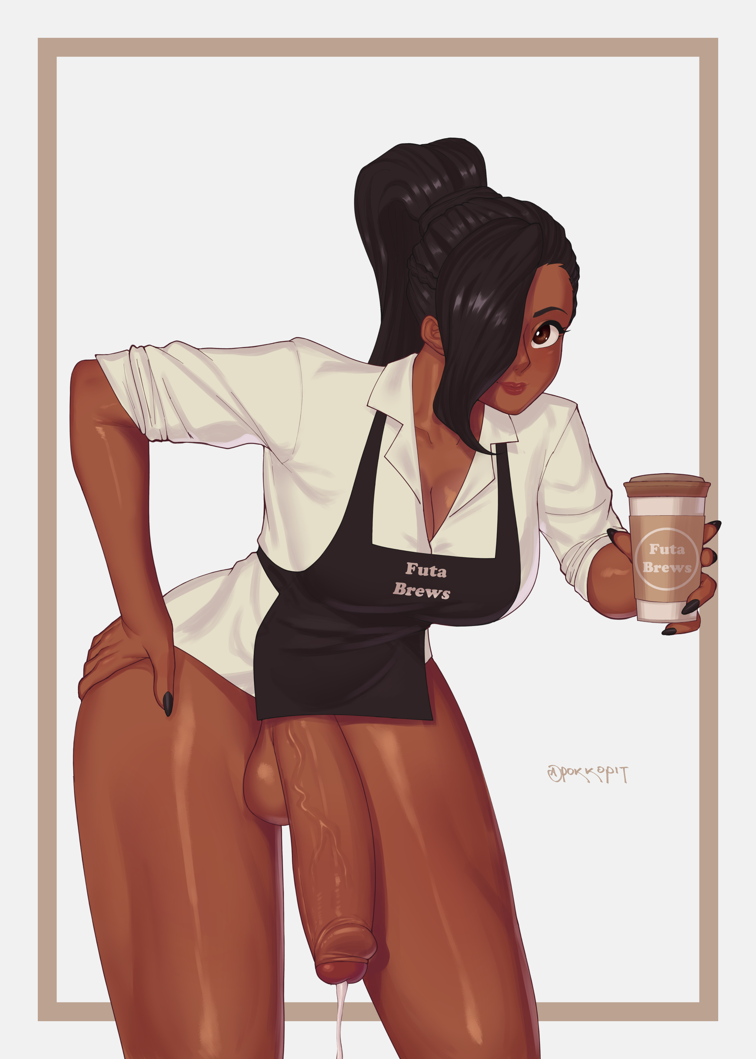 1futa, apron, balls, barista, bent over, big balls, big breasts, big penis, black hair, black nails, bottomless, breasts, brown eyes, cleavage, clothed, clothing, coffee, coffee cup, cum, cumdrip, dark skin, dark-skinned futa, eye contact, flaccid, flaccid penis, futa only, futanari, hair over one eye, huge cock, human, iced latte with breast milk, iced latte with dick milk, intersex, large breasts, large penis, looking at viewer, nail polish, original, partially clothed, penis, pokko (artist), ponytail, simple background, solo, standing, testicles, thick thighs, thighs, veiny penis