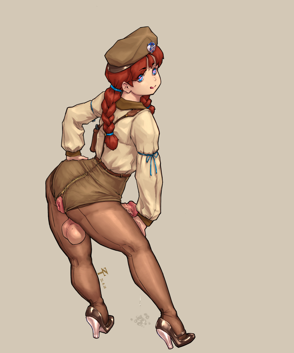 1boy, alternate version at source, anus, back, back view, backsack, balls, ballsack, beret, big penis, blue eyes, braid, clothed, clothing, crotchless, easy access, erection, femboy, heart-shaped pupils, high heels, human, light skin, light-skinned male, looking at viewer, looking back, male, male only, mostly clothed, original, pale skin, pantyhose, penis, puffy anus, red hair, solo, standing, tongue, tongue out, trap, zipper, zipper down, ztyoho