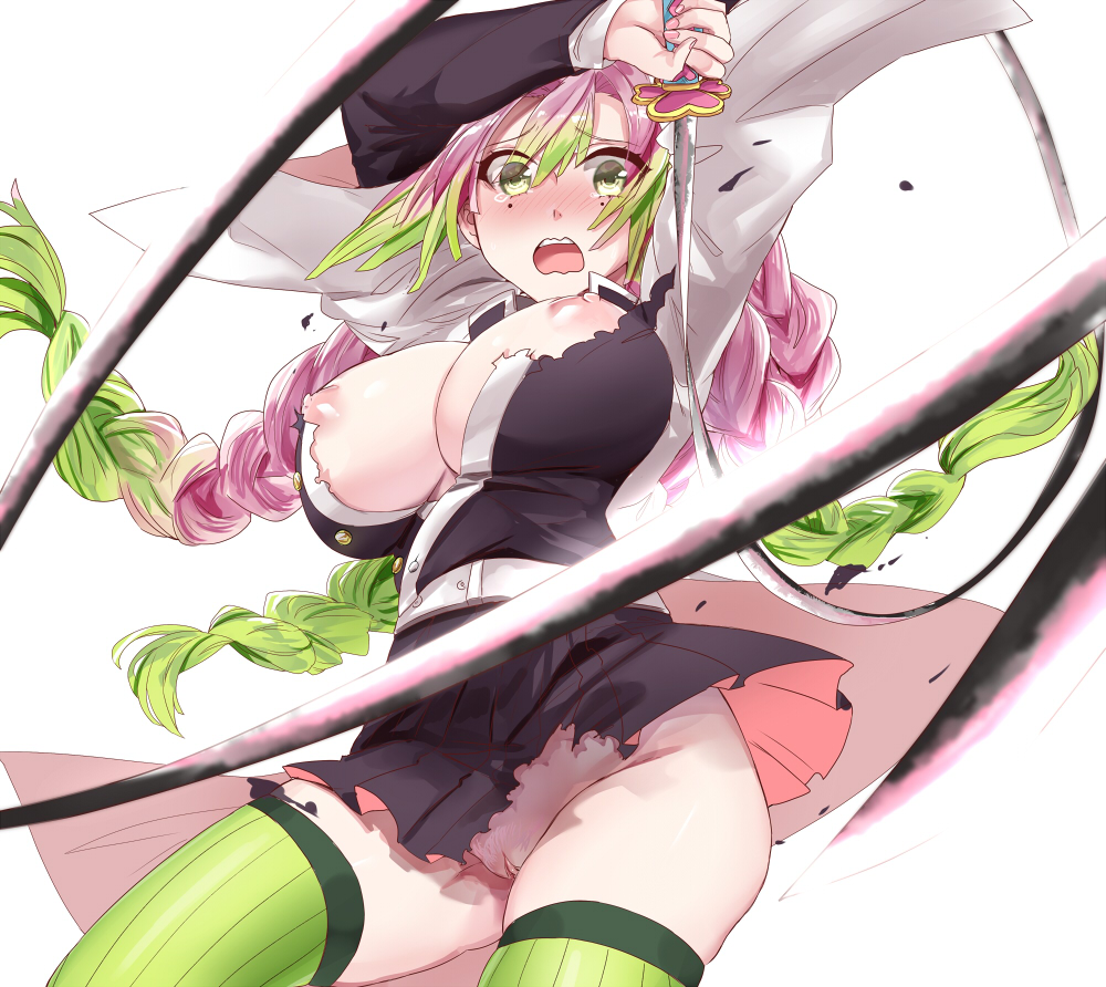 1girls, accidental exposure, action pose, adult swim, big breasts, blush, braided hair, breasts, cleavage, clothing, demon slayer, embarrassed, female, female only, green eyes, haori, kanroji mitsuri, kimetsu no yaiba, long hair, looking at viewer, mole under eye, no bra, no panties, open shirt, pink hair, pink-haired female, pleated skirt, pubic hair, pussy, ripped clothing, solo, sword, tears, thick thighs, thighhighs, toonami, torn clothes, two-tone hair, uncensored, upskirt, wardrobe malfunction, yo-rin