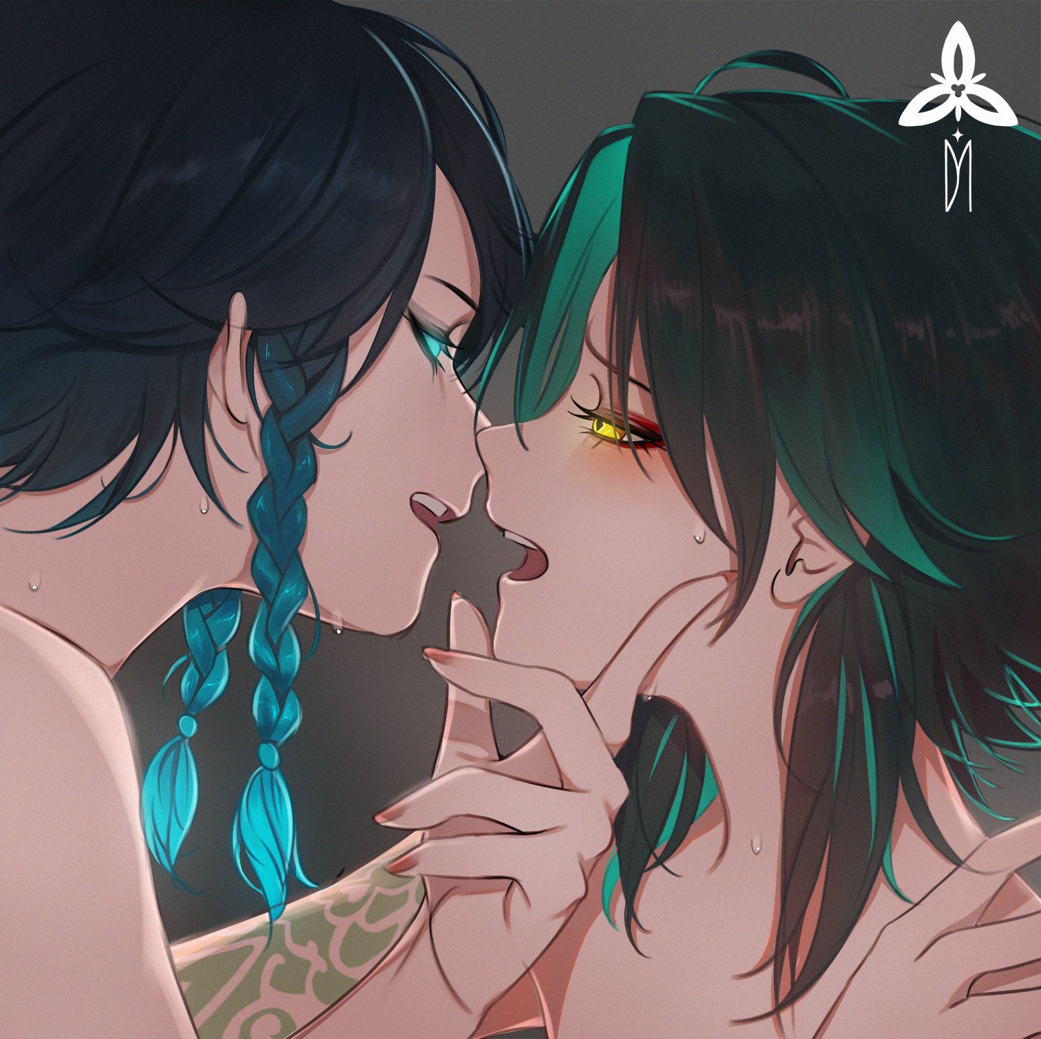 2boys, androgynous, black hair, blue eyes, blue hair, blush, braid, color, cute bois, deymara, femboy, gay, genshin impact, glowing, glowing eyes, gradient hair, green hair, imminent kiss, kissing, long hair, long nails, looking at another, making out, male, male only, mouth open, naked, nude, signature, sweat, tattoo, teal eyes, teal hair, trap, trap on trap, venti (genshin impact), xiao (genshin impact), yaoi, yellow eyes