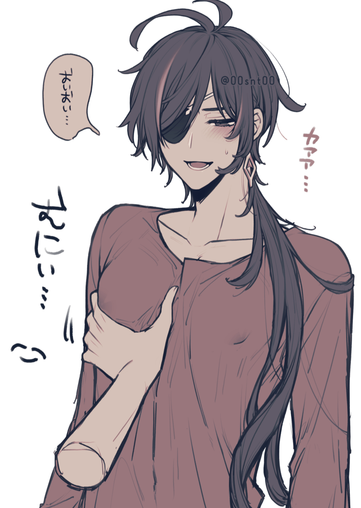 00snt00, 1boy, blue eyes, blue hair, blush, breasts, eyepatch, fondling, genshin impact, groping, japanese text, kaeya (genshin impact), male, male breasts, male only, male with breasts, open mouth, speech bubble